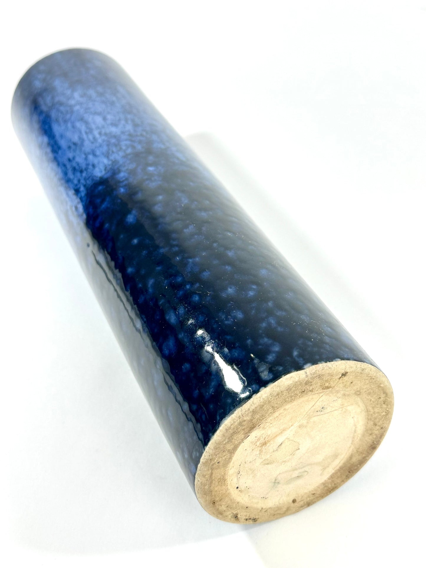 Vintage Japanese Cylindrical Stoneware Vase Mottled Blue Flambe Glaze 12"