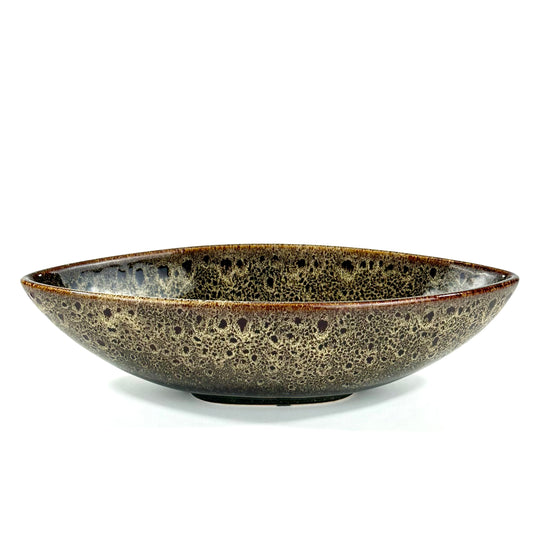 Vintage Japanese Stoneware Boat-Form Centerpiece Bowl Tenmoku-Style Glaze 14"