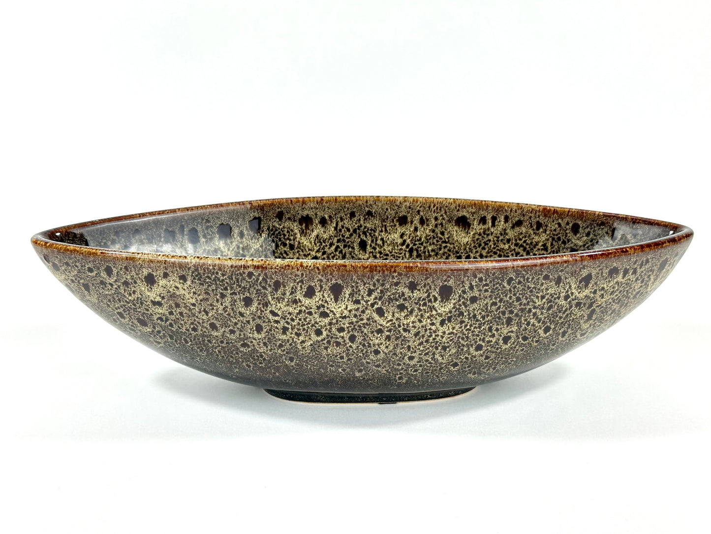 Vintage Japanese Stoneware Boat-Form Centerpiece Bowl Tenmoku-Style Glaze 14"