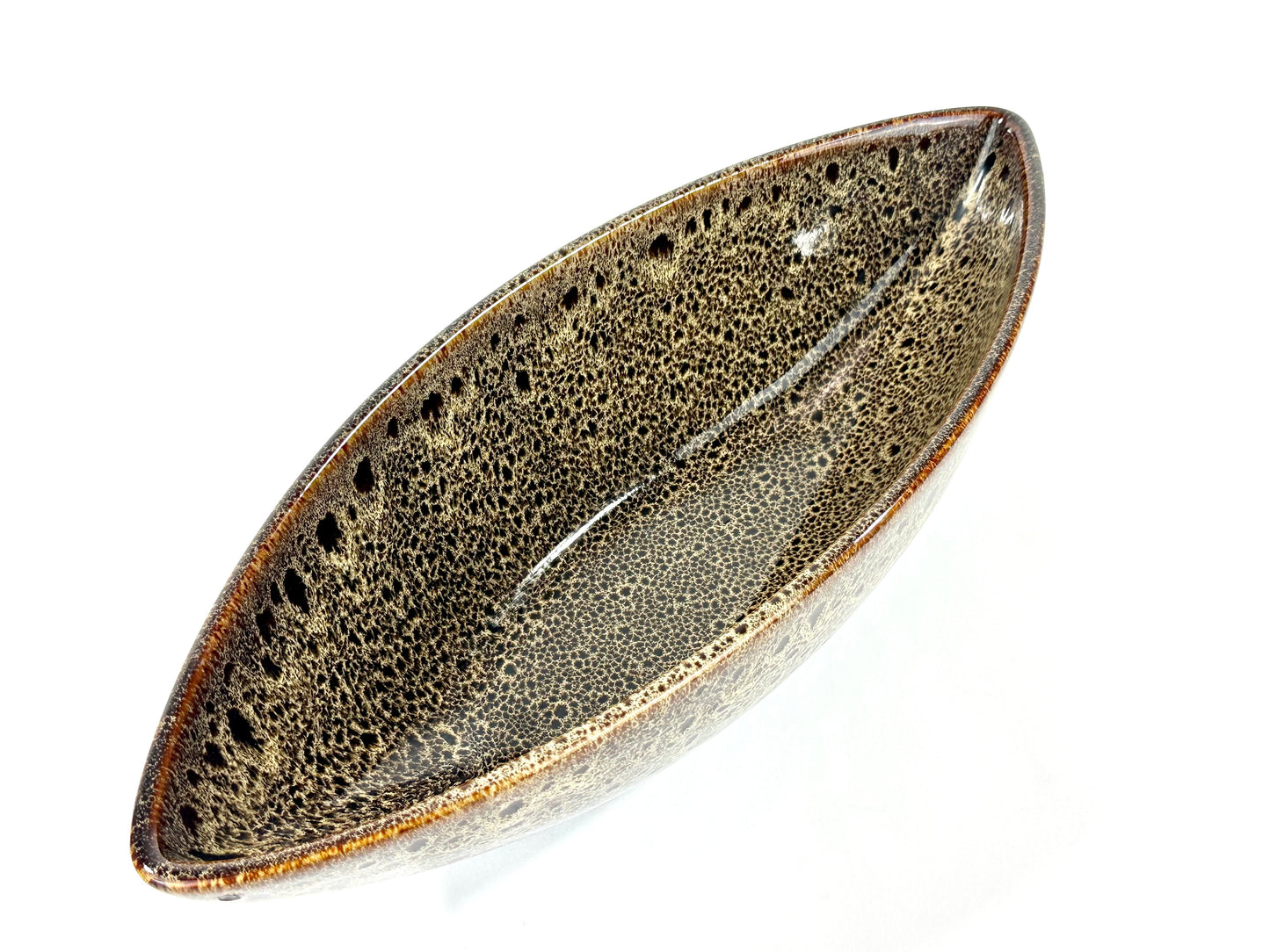 Vintage Japanese Stoneware Boat-Form Centerpiece Bowl Tenmoku-Style Glaze 14"