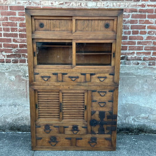 Antique Japanese Meiji Era c1870's Mizuya Kitchen Tansu Two-Section Cabinet
