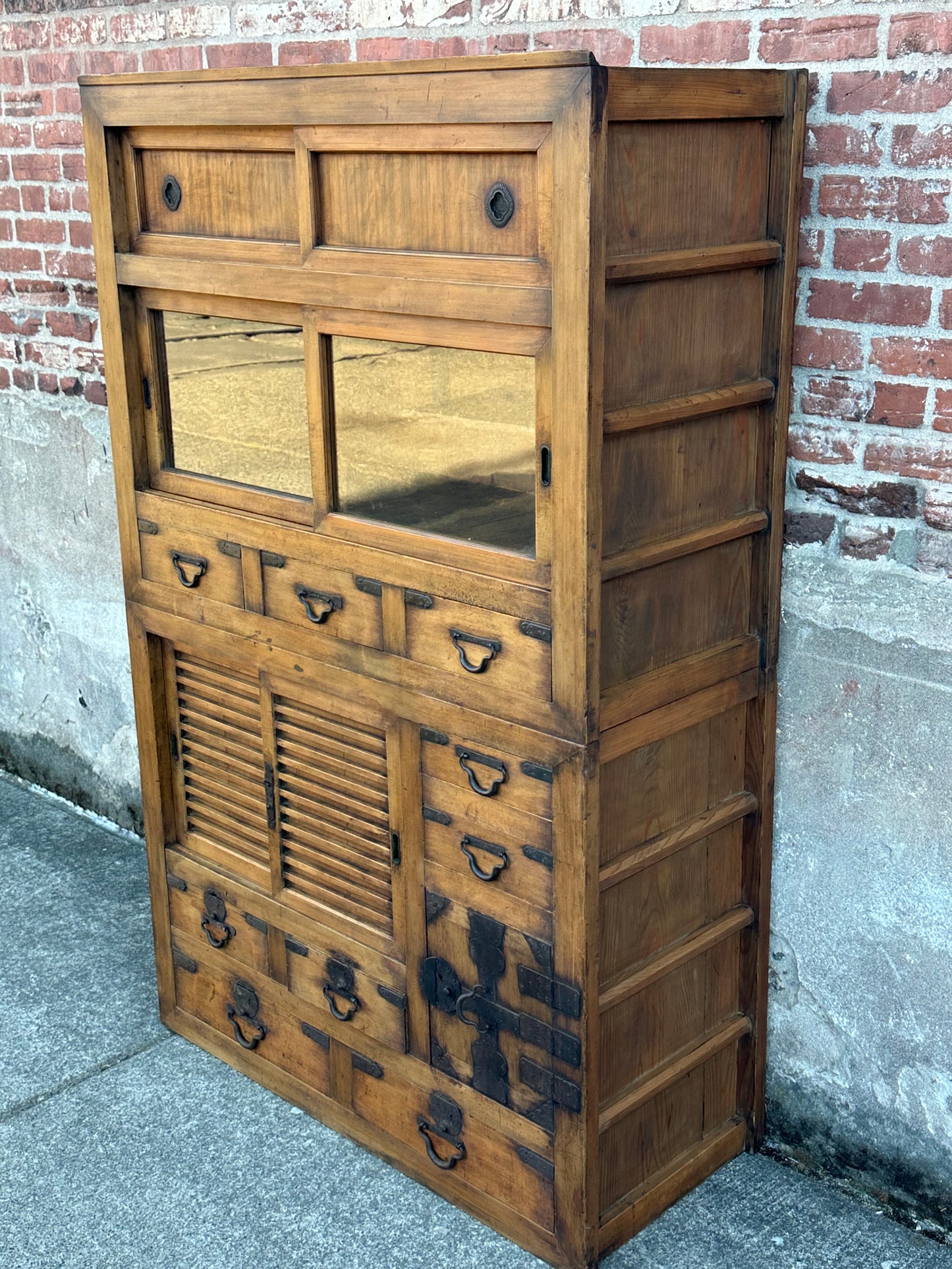 Antique Japanese Meiji Era c1870's Mizuya Kitchen Tansu Two-Section Cabinet