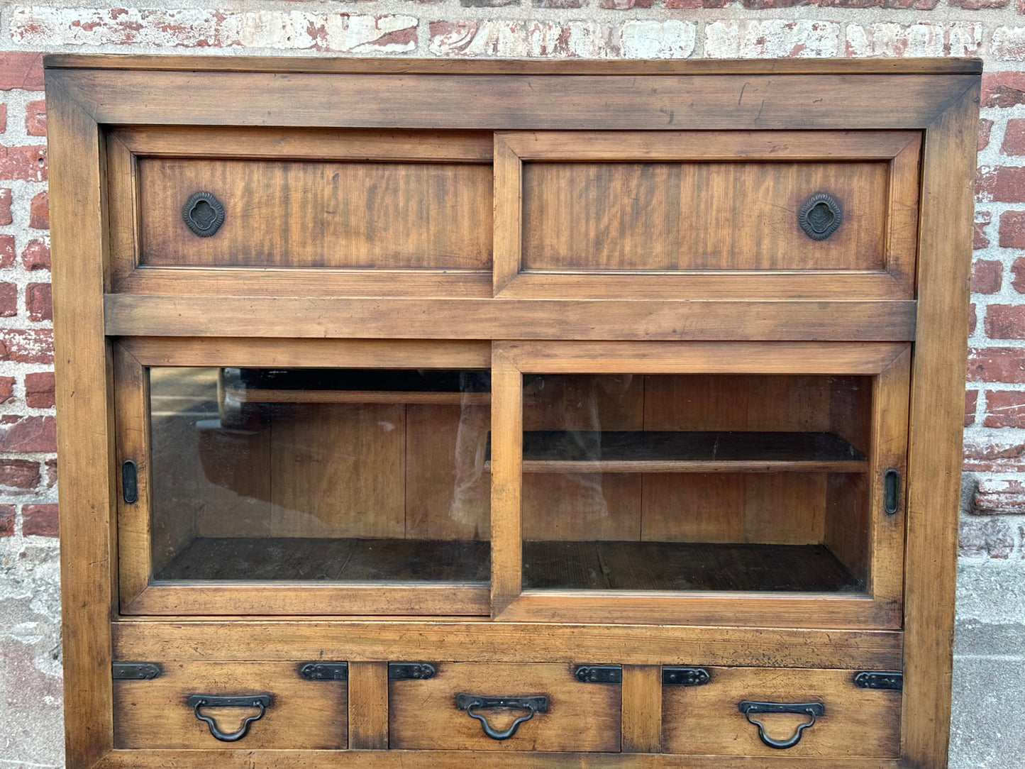 Antique Japanese Meiji Era c1870's Mizuya Kitchen Tansu Two-Section Cabinet