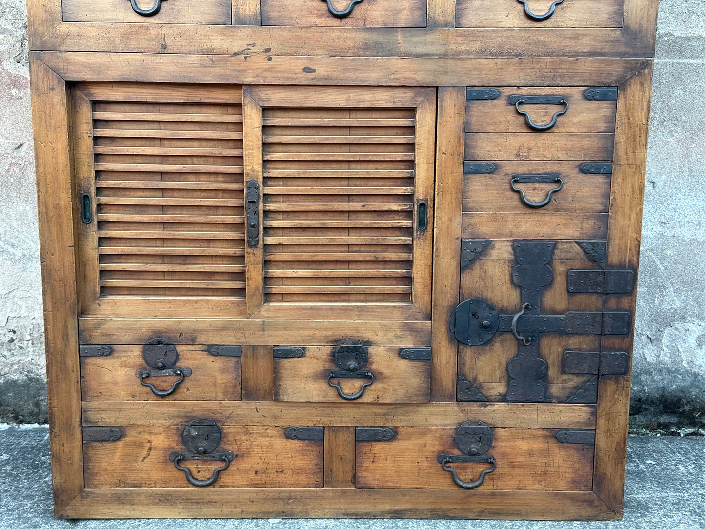 Antique Japanese Meiji Era c1870's Mizuya Kitchen Tansu Two-Section Cabinet