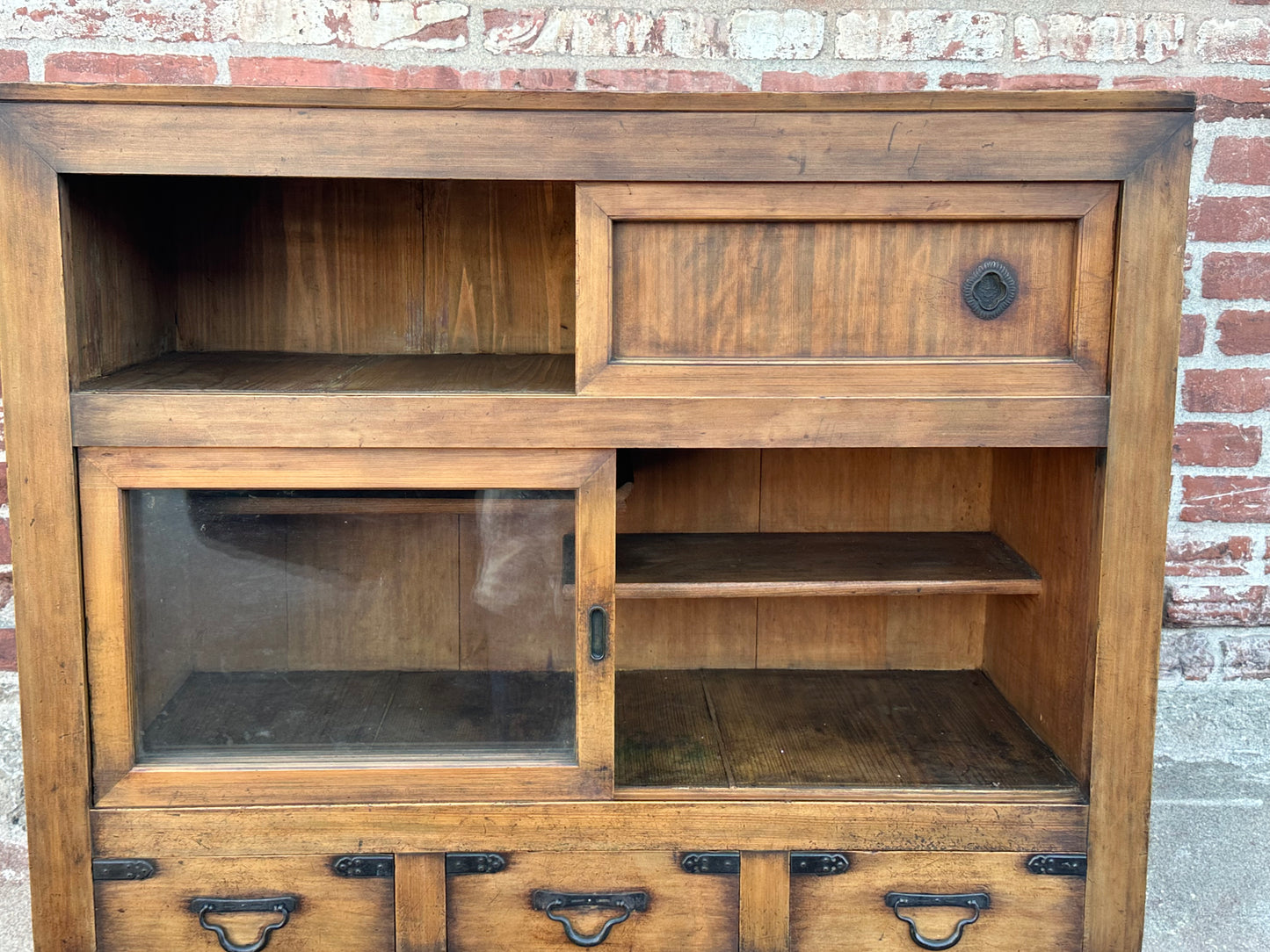 Antique Japanese Meiji Era c1870's Mizuya Kitchen Tansu Two-Section Cabinet
