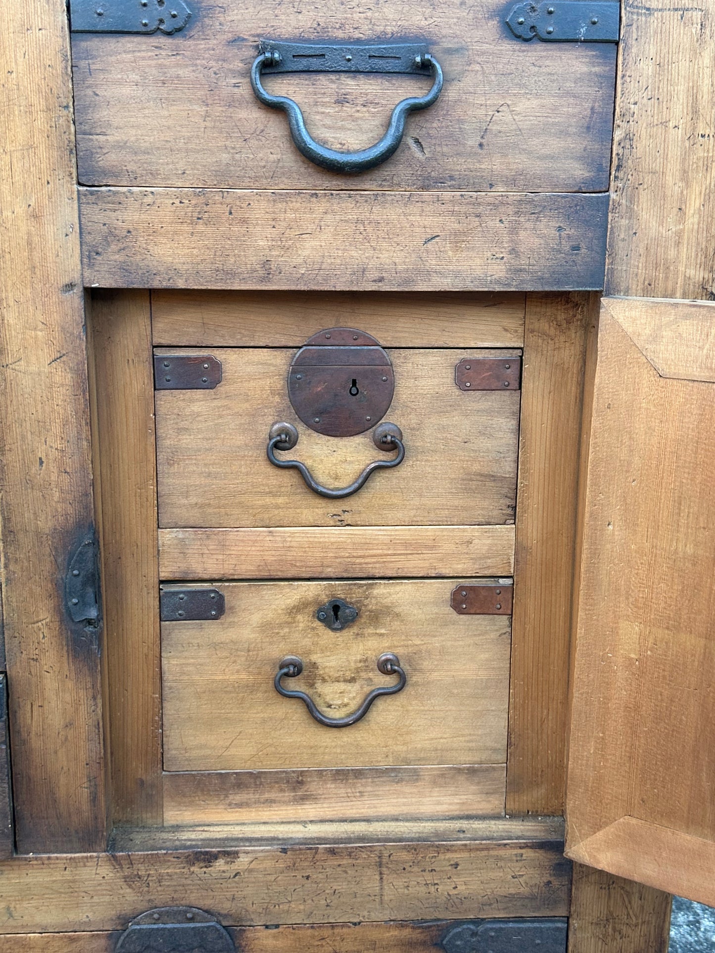 Antique Japanese Meiji Era c1870's Mizuya Kitchen Tansu Two-Section Cabinet