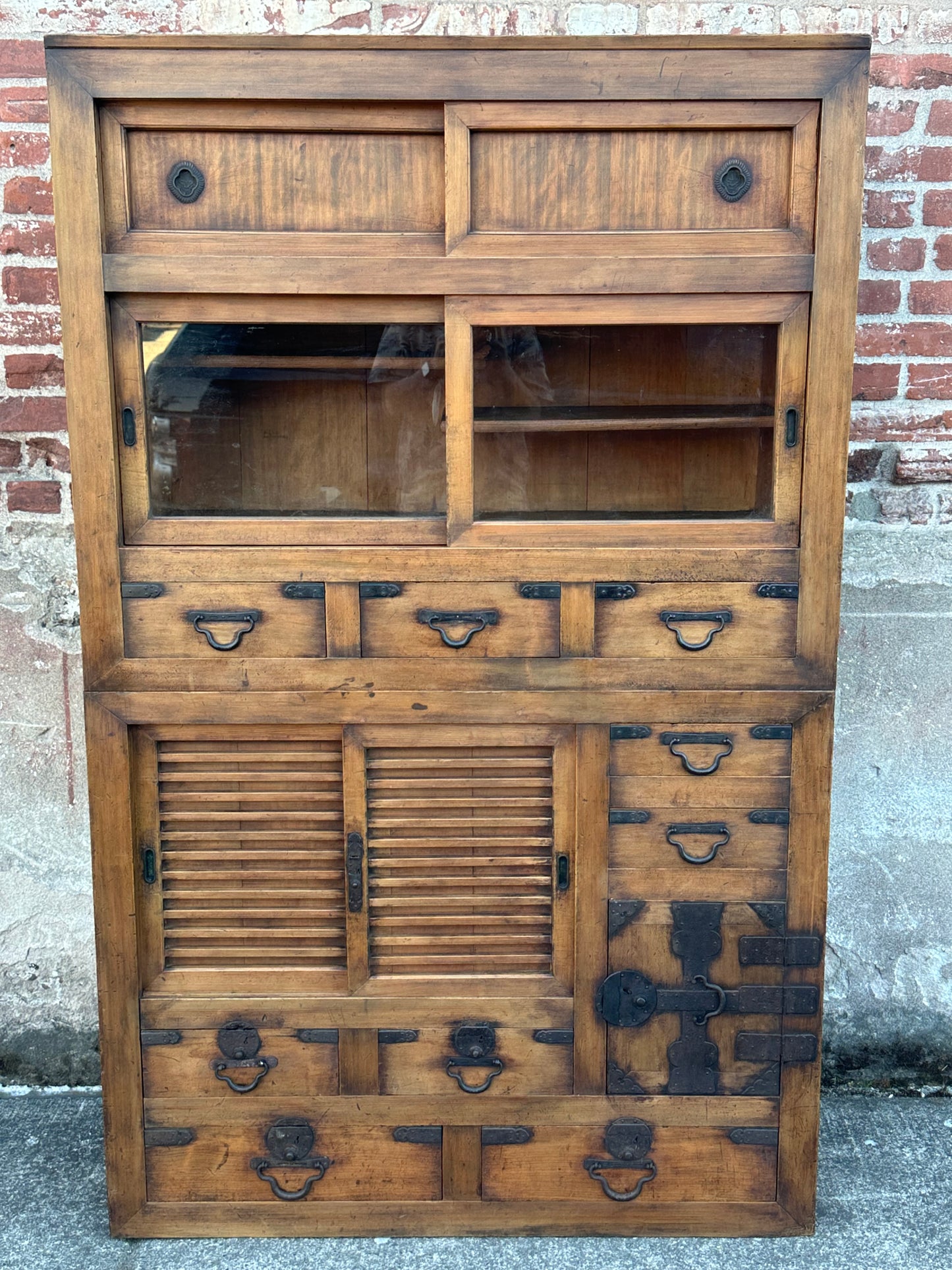Antique Japanese Meiji Era c1870's Mizuya Kitchen Tansu Two-Section Cabinet