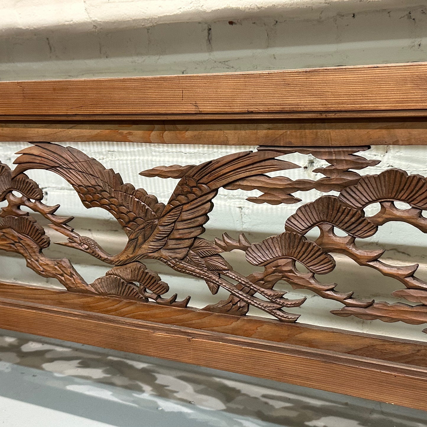 Vintage Japanese Ranma Cranes & Pines Carved Transom Screen Sugi Wood 55"