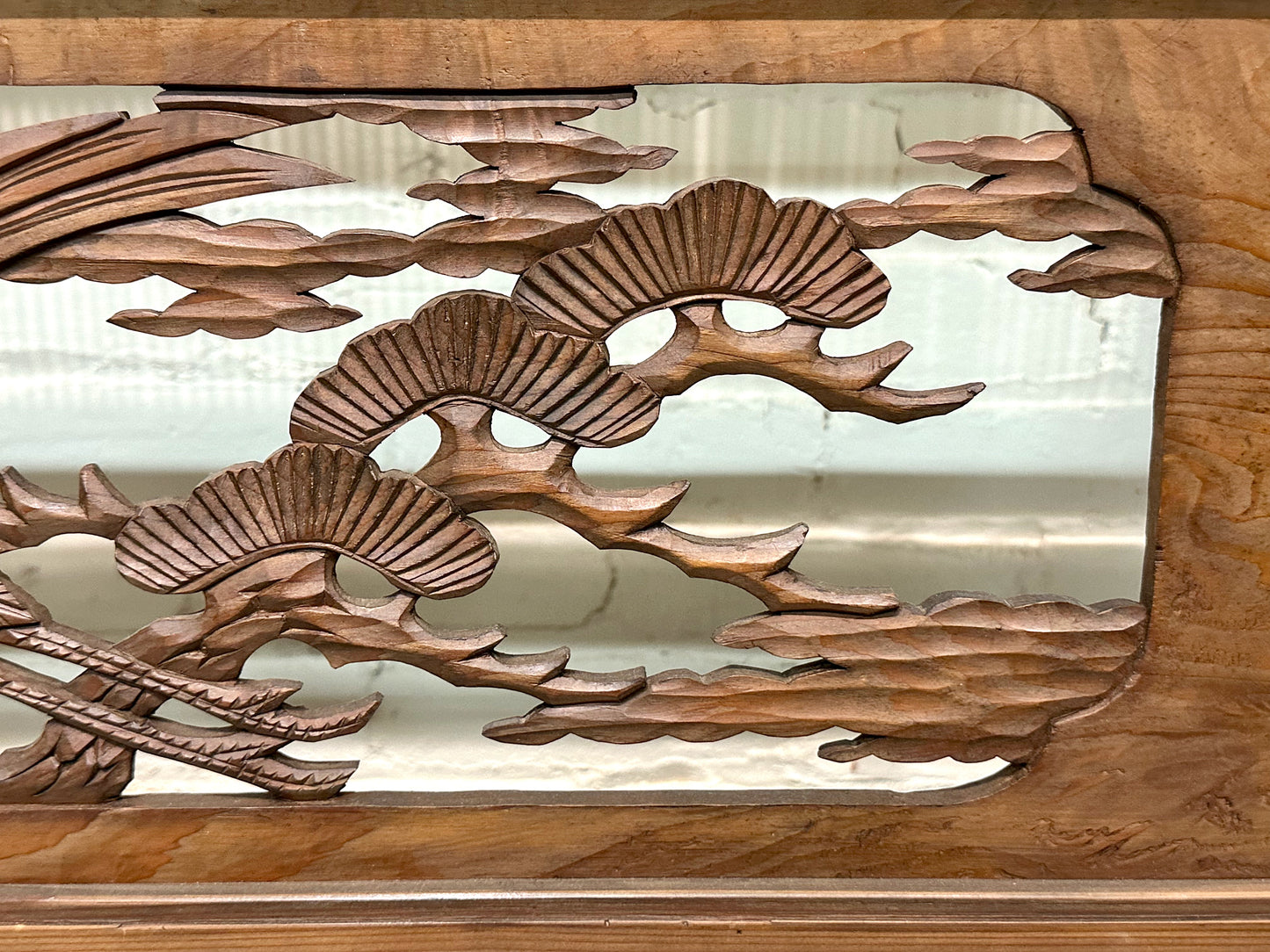 Vintage Japanese Ranma Cranes & Pines Carved Transom Screen Sugi Wood 55"