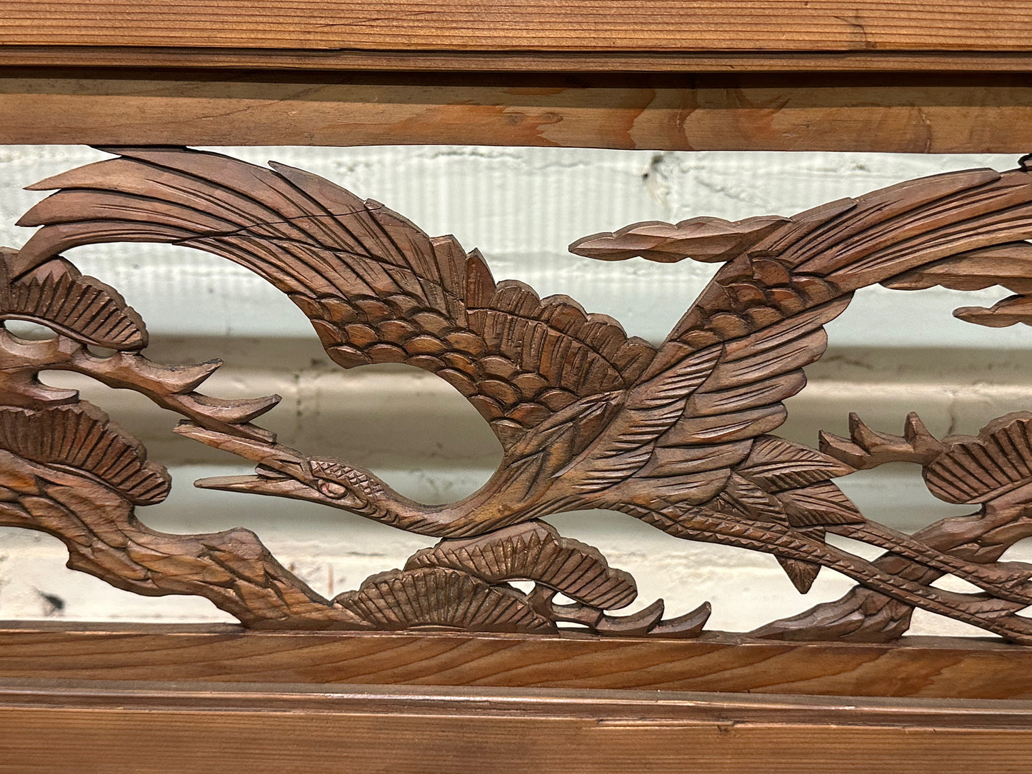 Vintage Japanese Ranma Cranes & Pines Carved Transom Screen Sugi Wood 55"