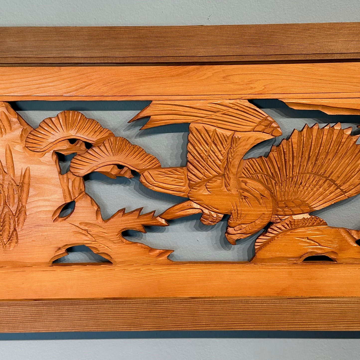 Vintage Japanese Ranma Hawk & Pines Trees Carved Transom Sugi Wood 67"