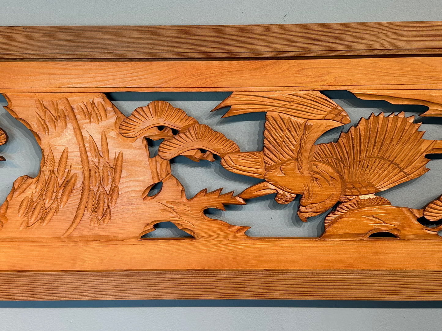 Vintage Japanese Ranma Hawk & Pines Trees Carved Transom Sugi Wood 67"