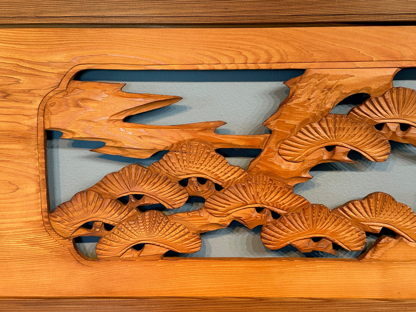 Vintage Japanese Ranma Hawk & Pines Trees Carved Transom Sugi Wood 67"