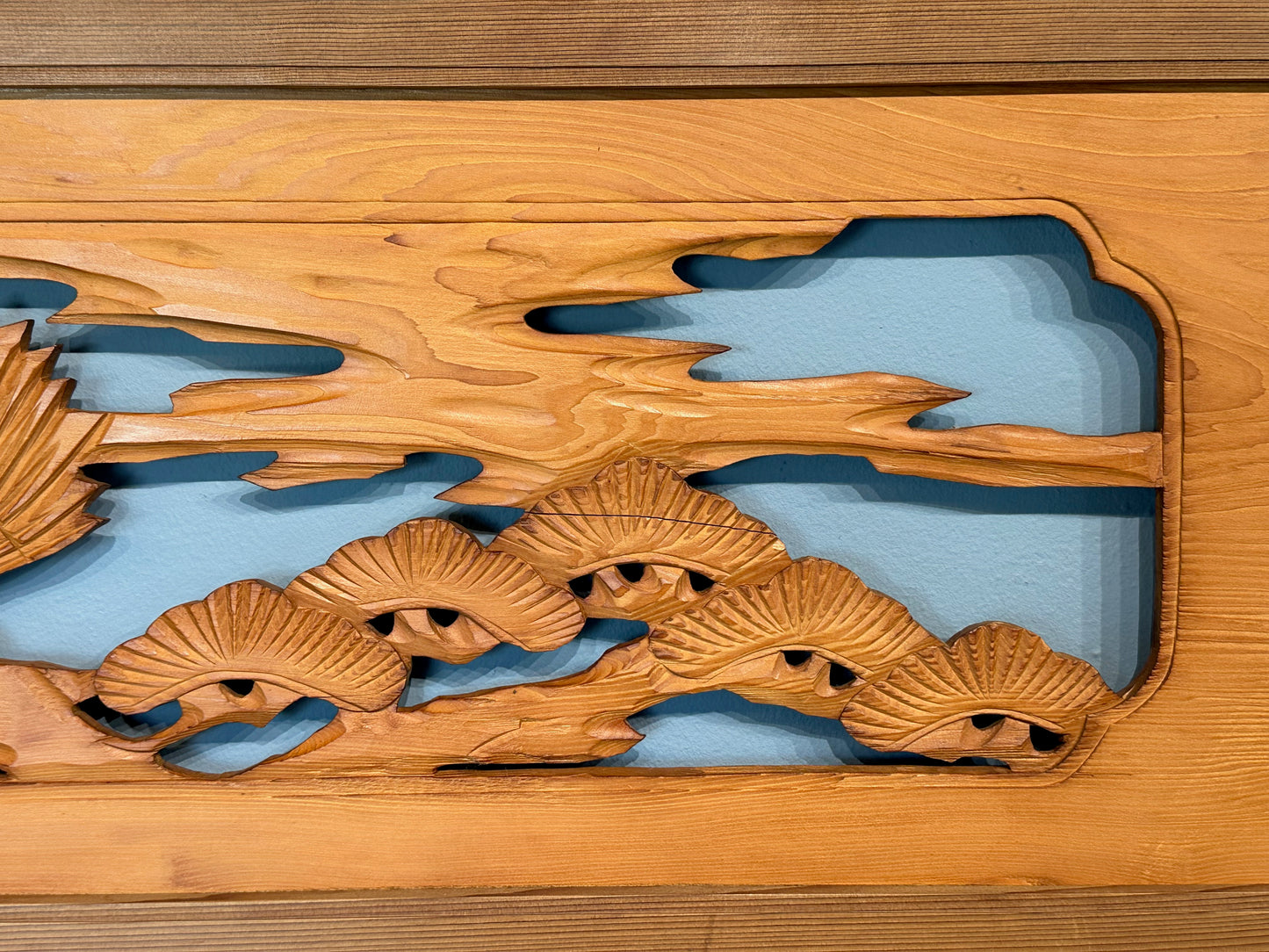 Vintage Japanese Ranma Hawk & Pines Trees Carved Transom Sugi Wood 67"