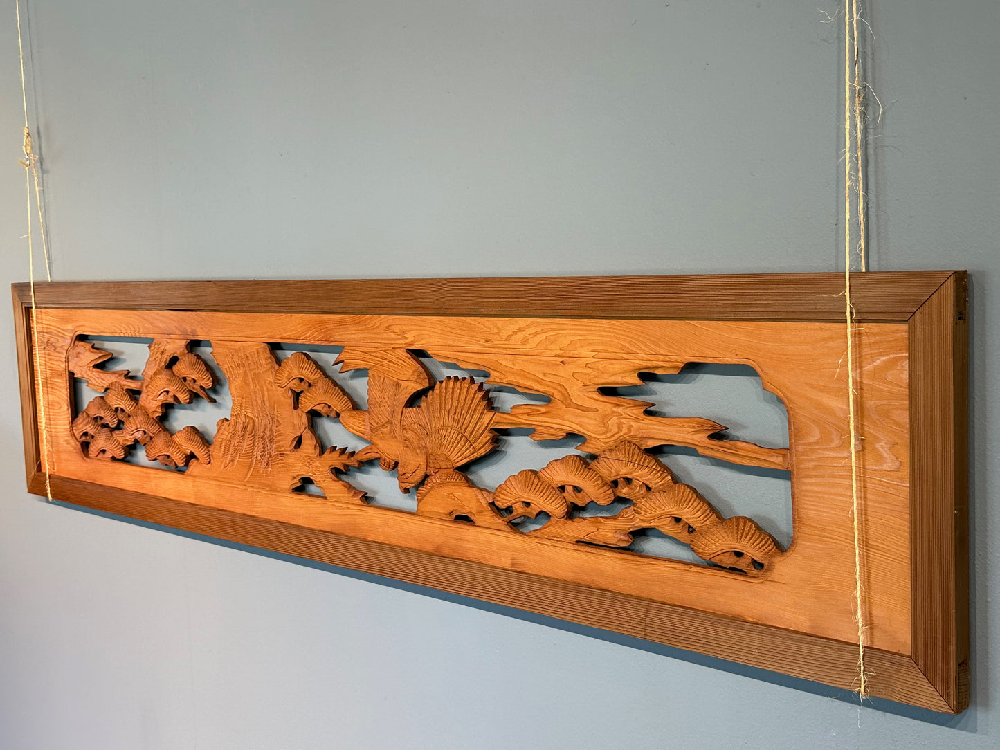 Vintage Japanese Ranma Hawk & Pines Trees Carved Transom Sugi Wood 67"