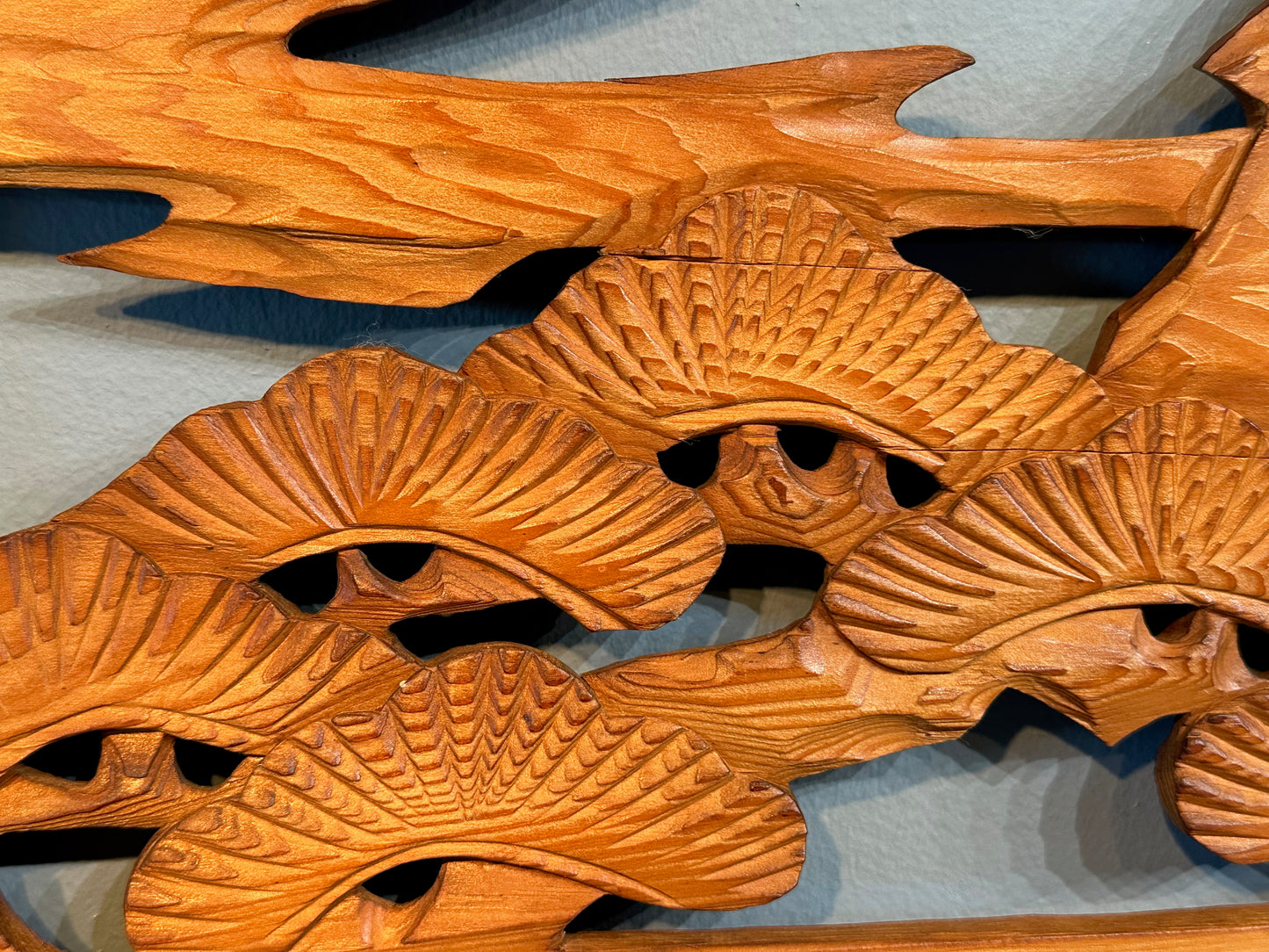 Vintage Japanese Ranma Hawk & Pines Trees Carved Transom Sugi Wood 67"