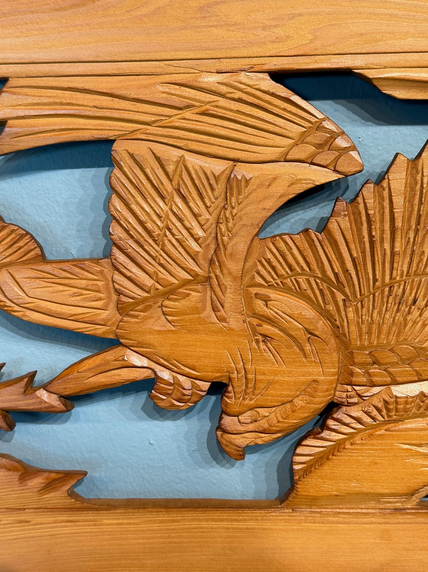 Vintage Japanese Ranma Hawk & Pines Trees Carved Transom Sugi Wood 67"
