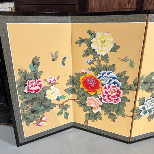 Vintage Japanese Showa 4 Panel Folding Screen Peony Swallow Butterfly Polychrome 36"