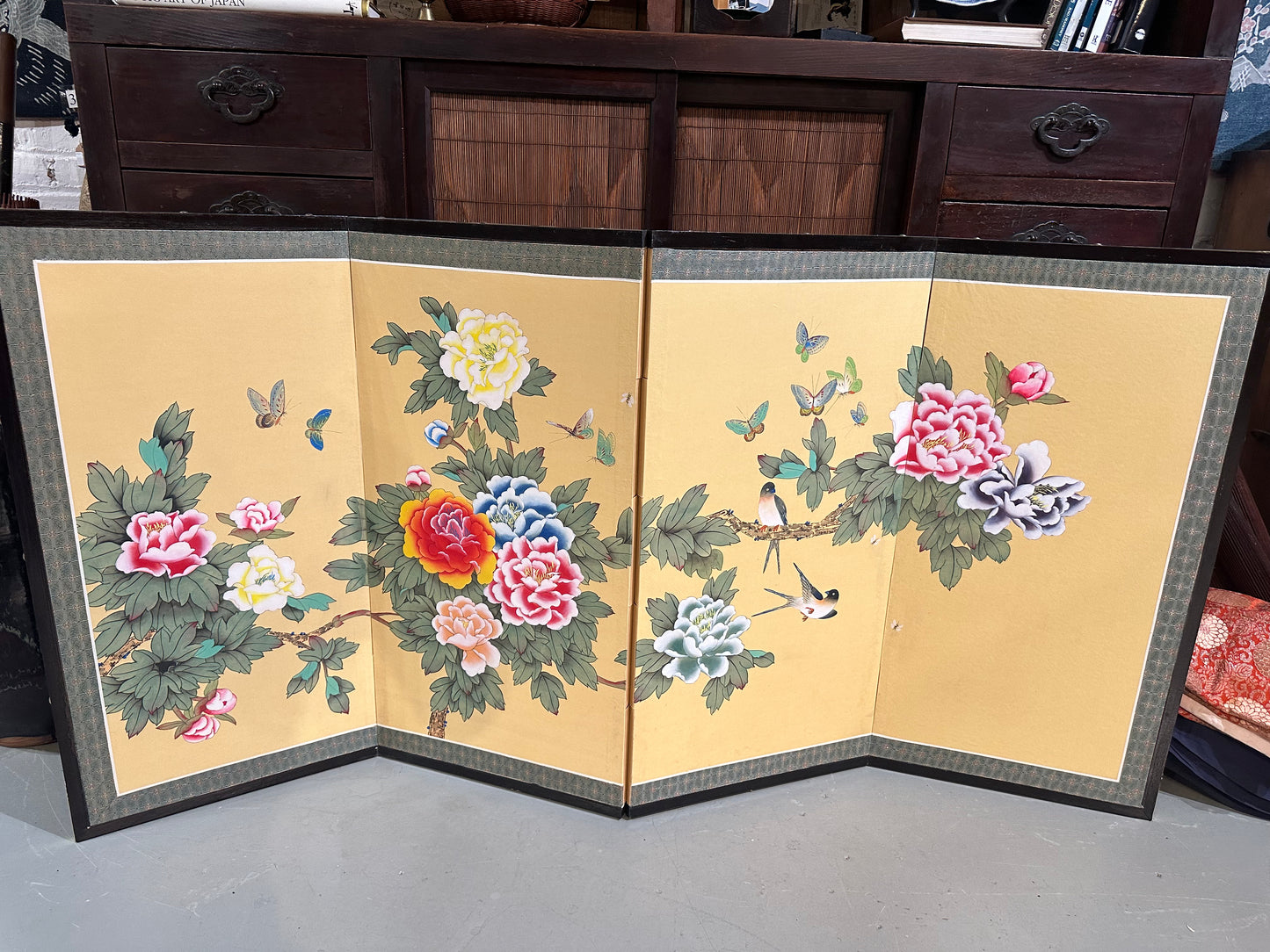 Vintage Japanese Showa 4 Panel Folding Screen Peony Swallow Butterfly Polychrome 36"