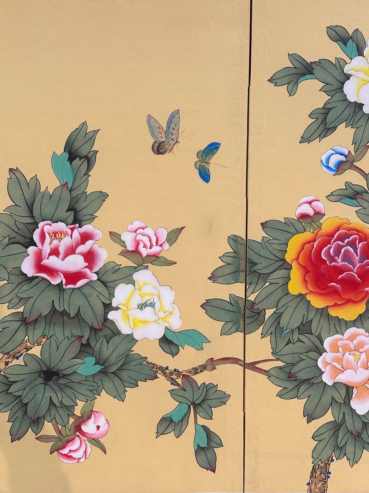 Vintage Japanese Showa 4 Panel Folding Screen Peony Swallow Butterfly Polychrome 36"