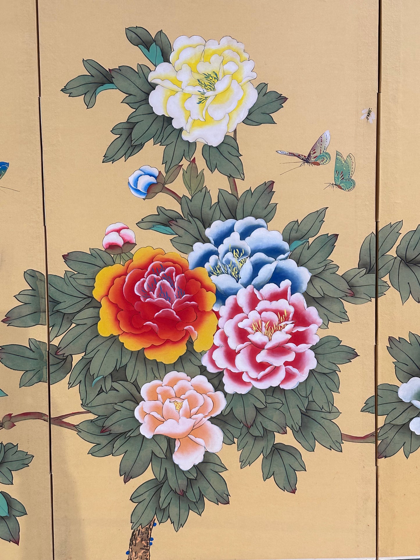 Vintage Japanese Showa 4 Panel Folding Screen Peony Swallow Butterfly Polychrome 36"