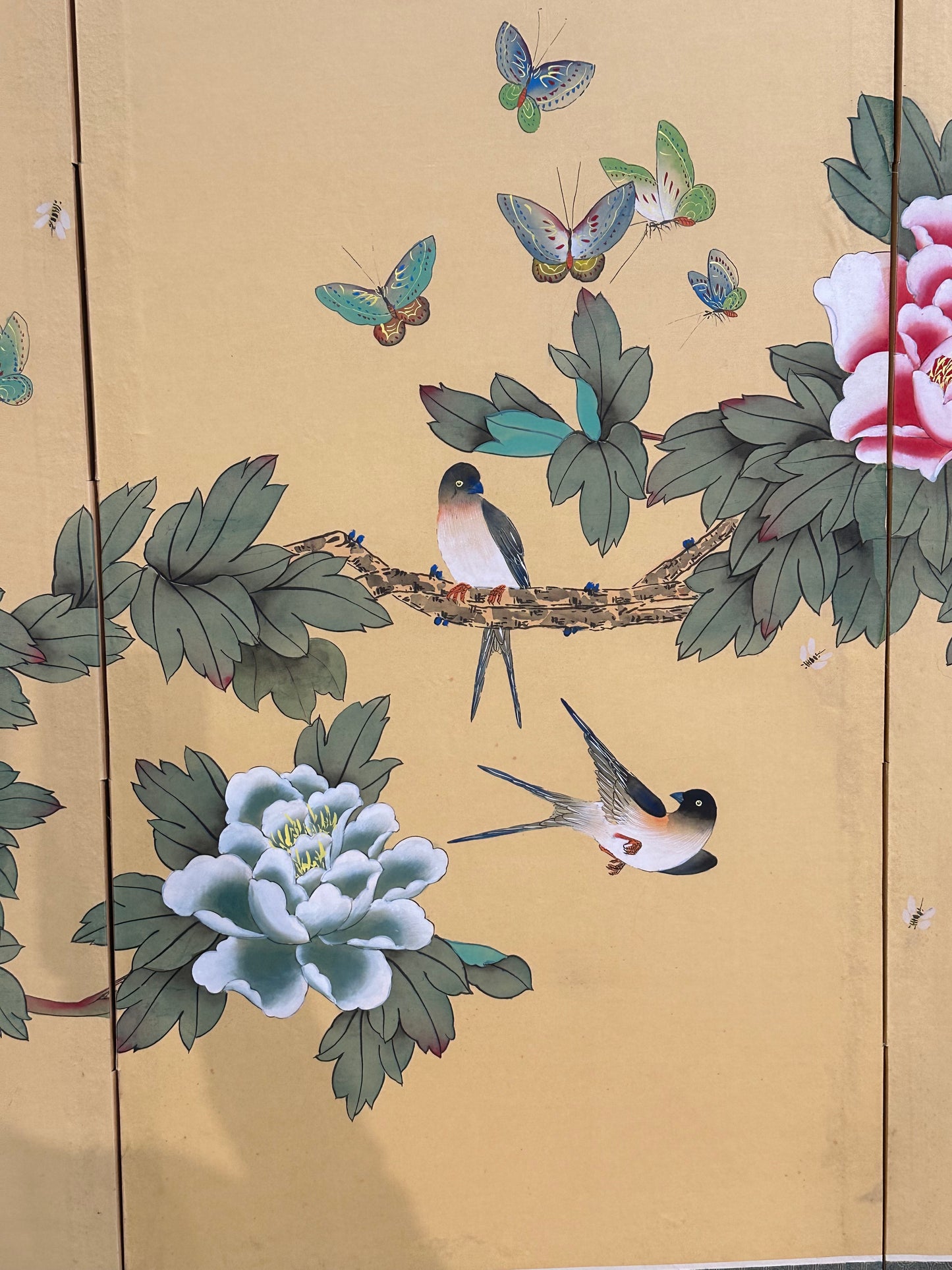 Vintage Japanese Showa 4 Panel Folding Screen Peony Swallow Butterfly Polychrome 36"
