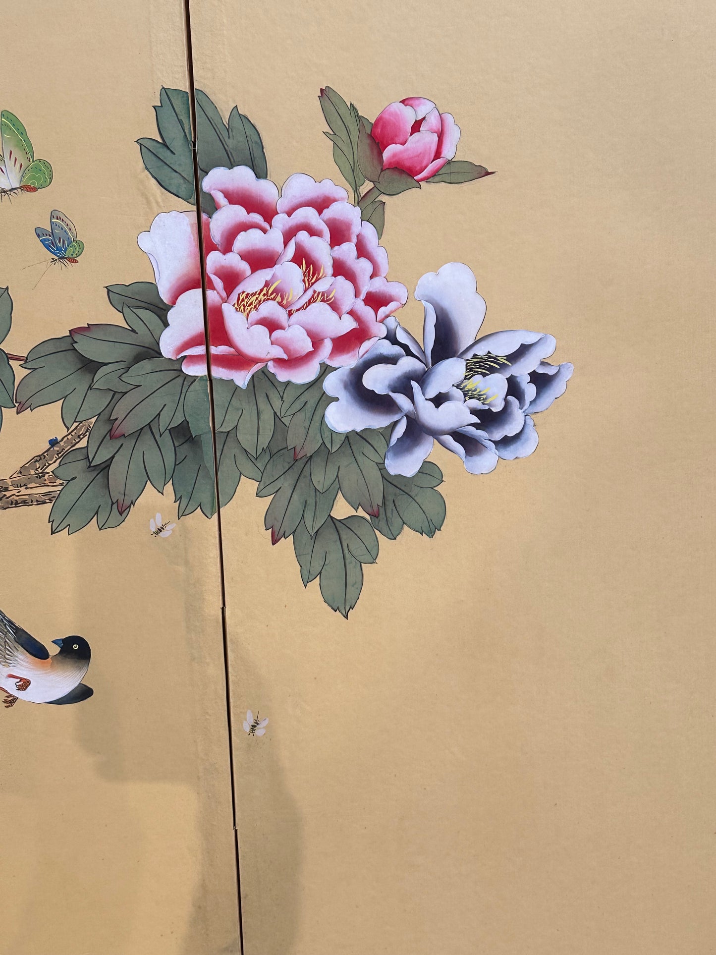 Vintage Japanese Showa 4 Panel Folding Screen Peony Swallow Butterfly Polychrome 36"