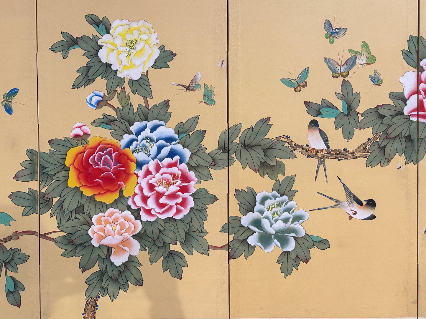 Vintage Japanese Showa 4 Panel Folding Screen Peony Swallow Butterfly Polychrome 36"