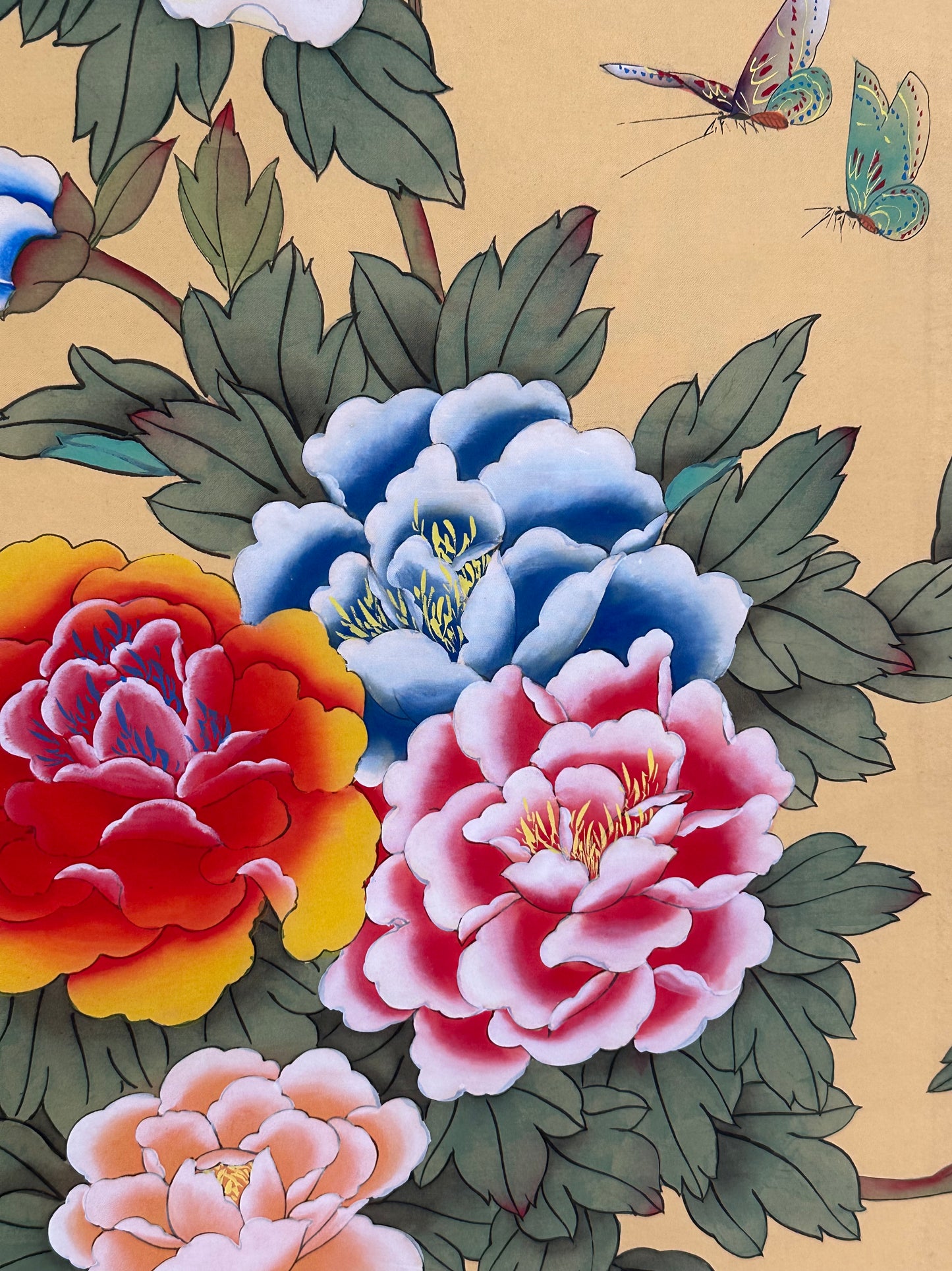 Vintage Japanese Showa 4 Panel Folding Screen Peony Swallow Butterfly Polychrome 36"