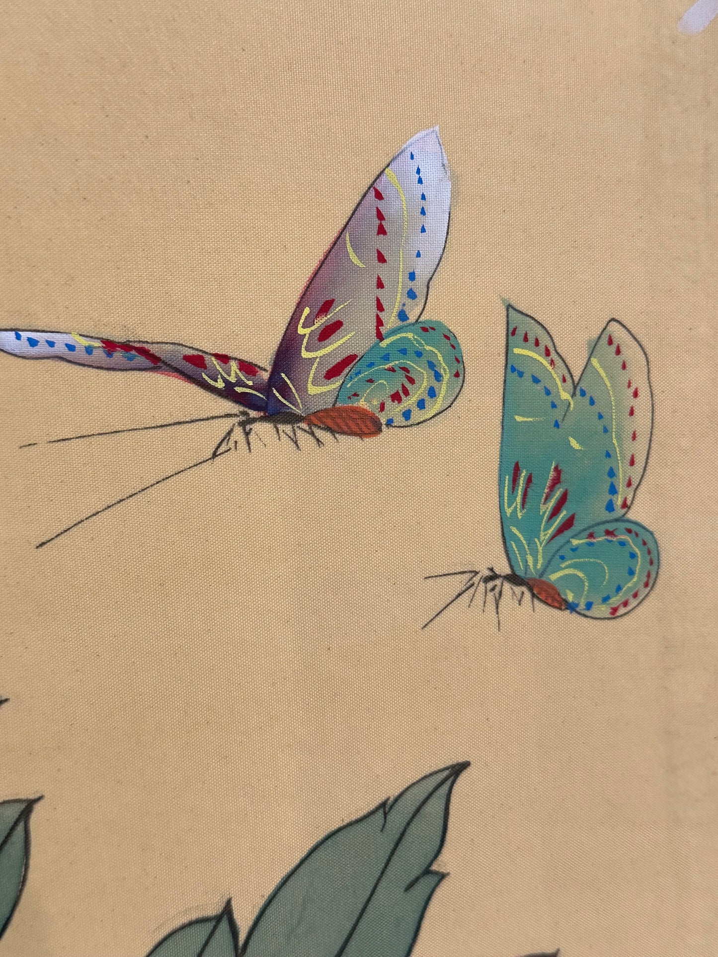 Vintage Japanese Showa 4 Panel Folding Screen Peony Swallow Butterfly Polychrome 36"
