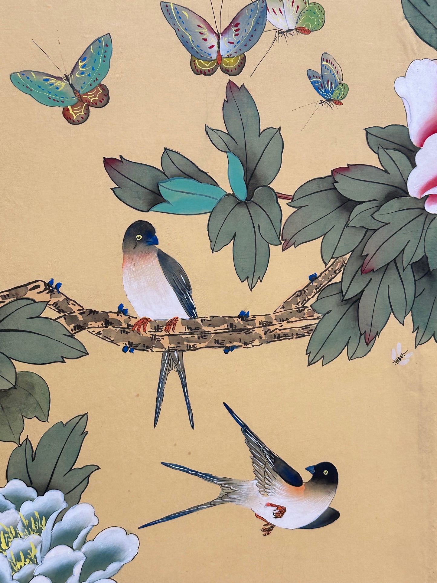 Vintage Japanese Showa 4 Panel Folding Screen Peony Swallow Butterfly Polychrome 36"