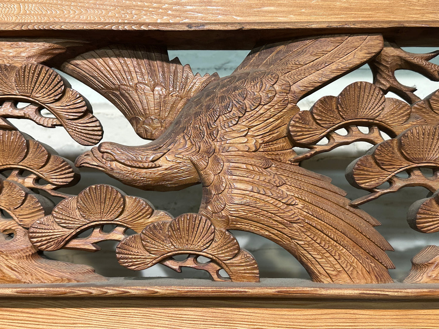 Vintage Japanese Ranma PAIR Falcons & Pines Carved Transom Screen Sugi Wood 73"
