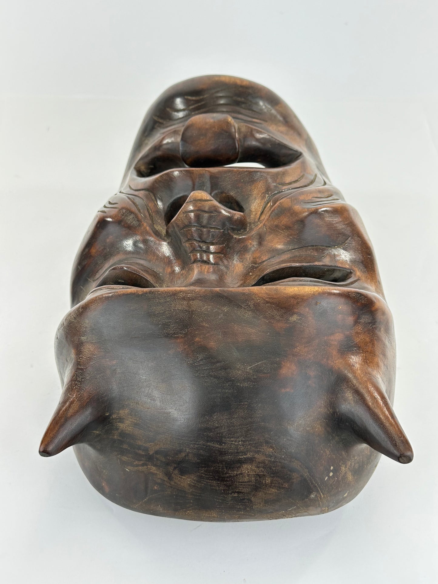 Vintage Japanese c1950's Folk Art Oni Mask Hand Carved Wood Wall Hanging 13"