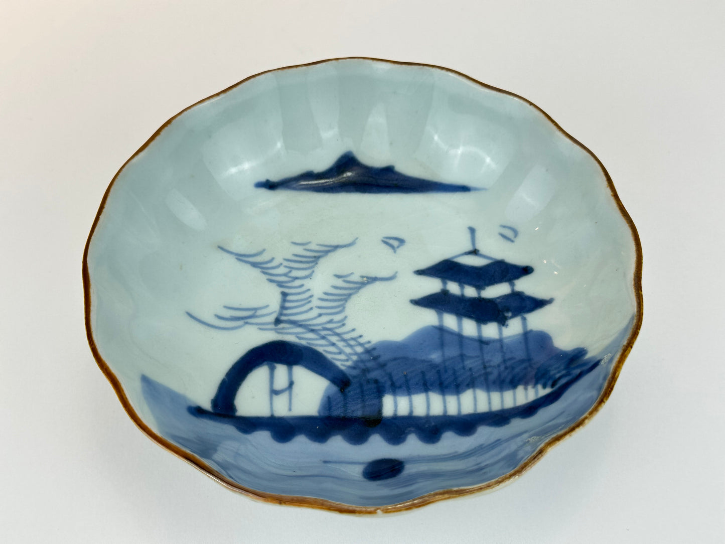 Antique Japanese Imari Scalloped Porcelain Bowl with Underglaze Blue Design 6.25"W