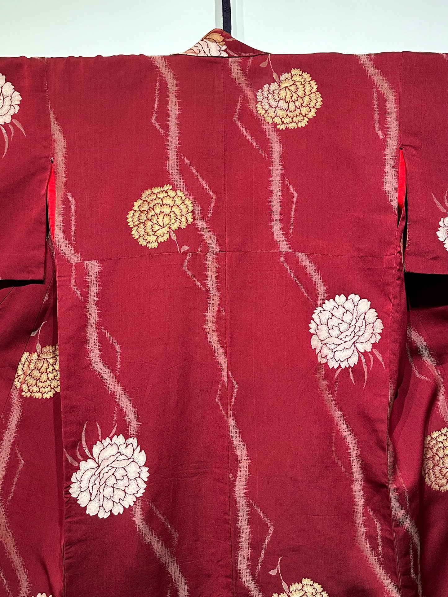 Vintage Japanese Red Silk Kimono w/ Peonie Motif