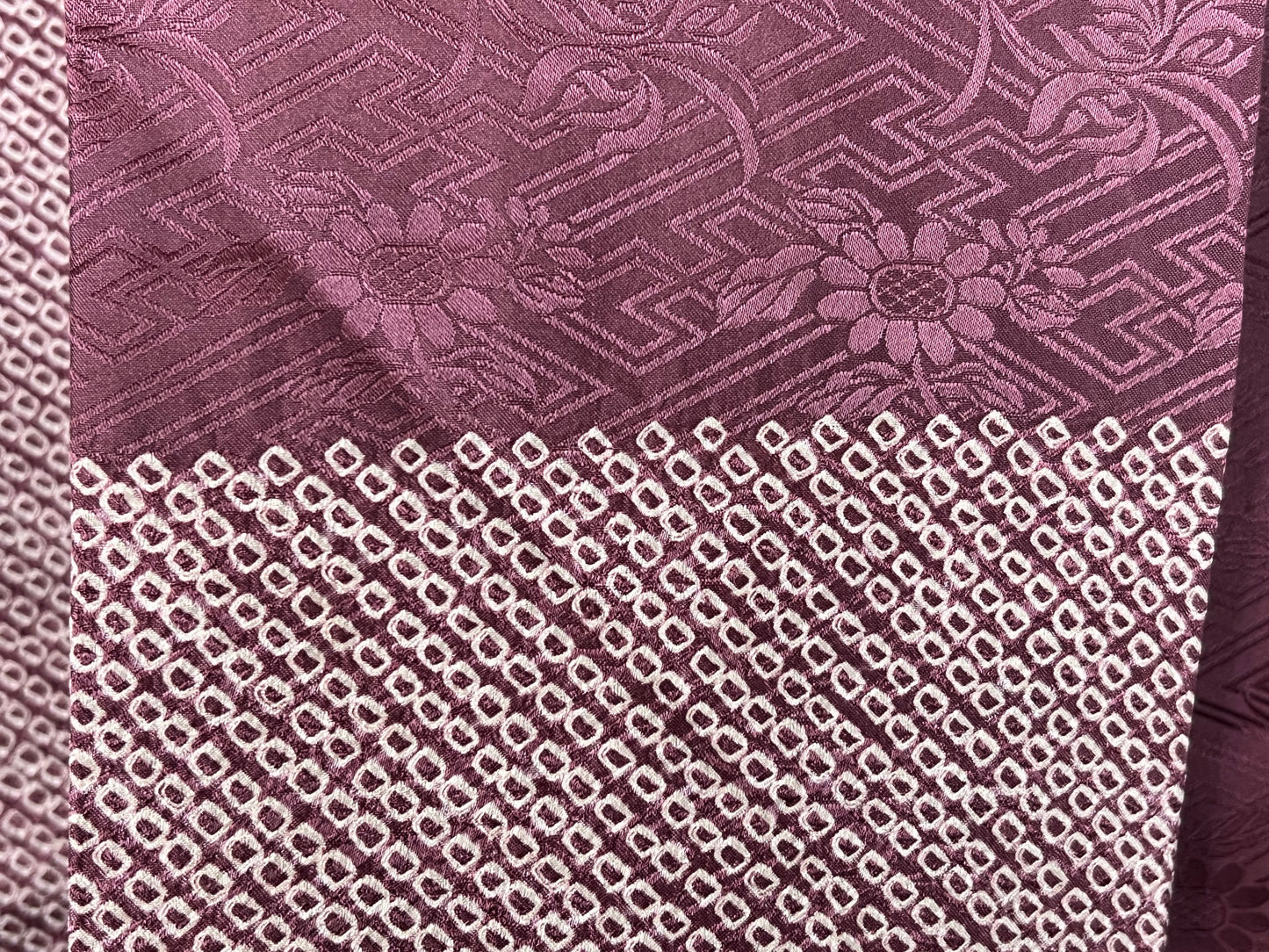 Vintage Japanese Silk Obi Sash in Shibori Style Purple & Floral Pattern 12'L