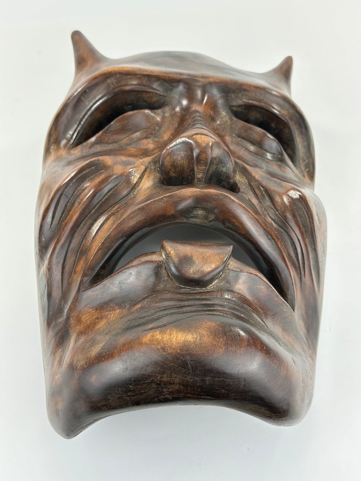 Vintage Japanese c1950's Folk Art Oni Mask Hand Carved Wood Wall Hanging 13"