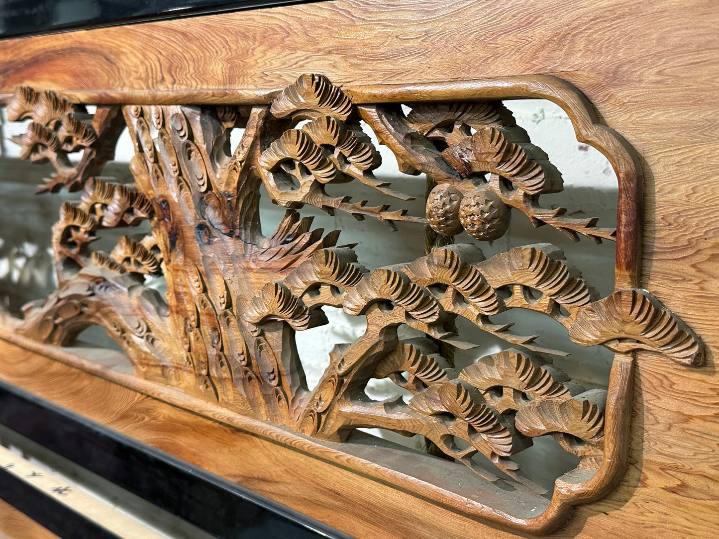 Vintage Japanese Ranma PAIR Eagles & Pines Carved Transom Screen Sugi Wood 73"