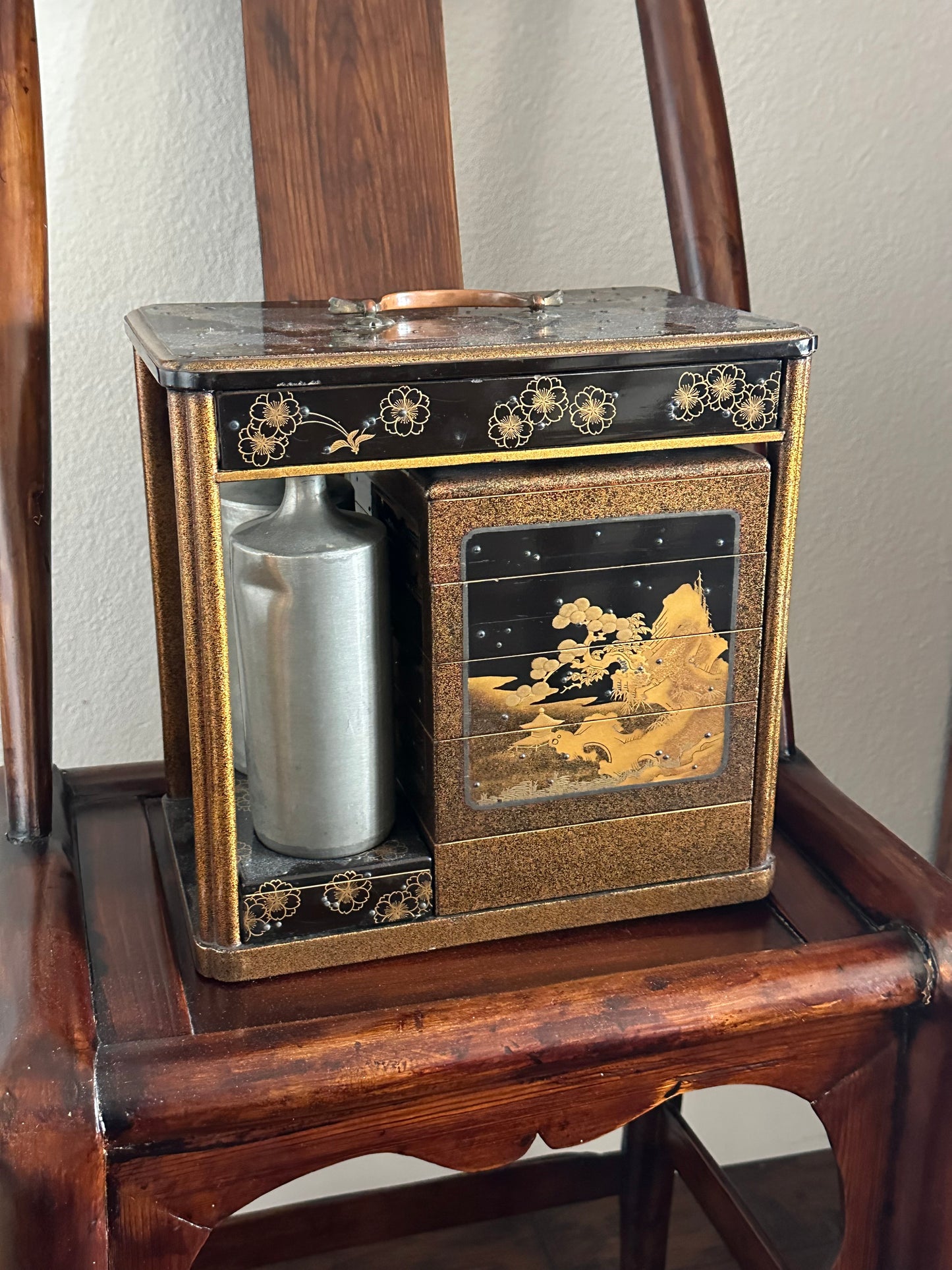 Antique Japanese Very Rare Edo Period 17/18 Century Lacquered Picnic Sake Set (Kazaribako) Hanami (Cherry Blossom Viewing) Caddy w Gold Maki-E & Silver “Dew” Studs LS#140