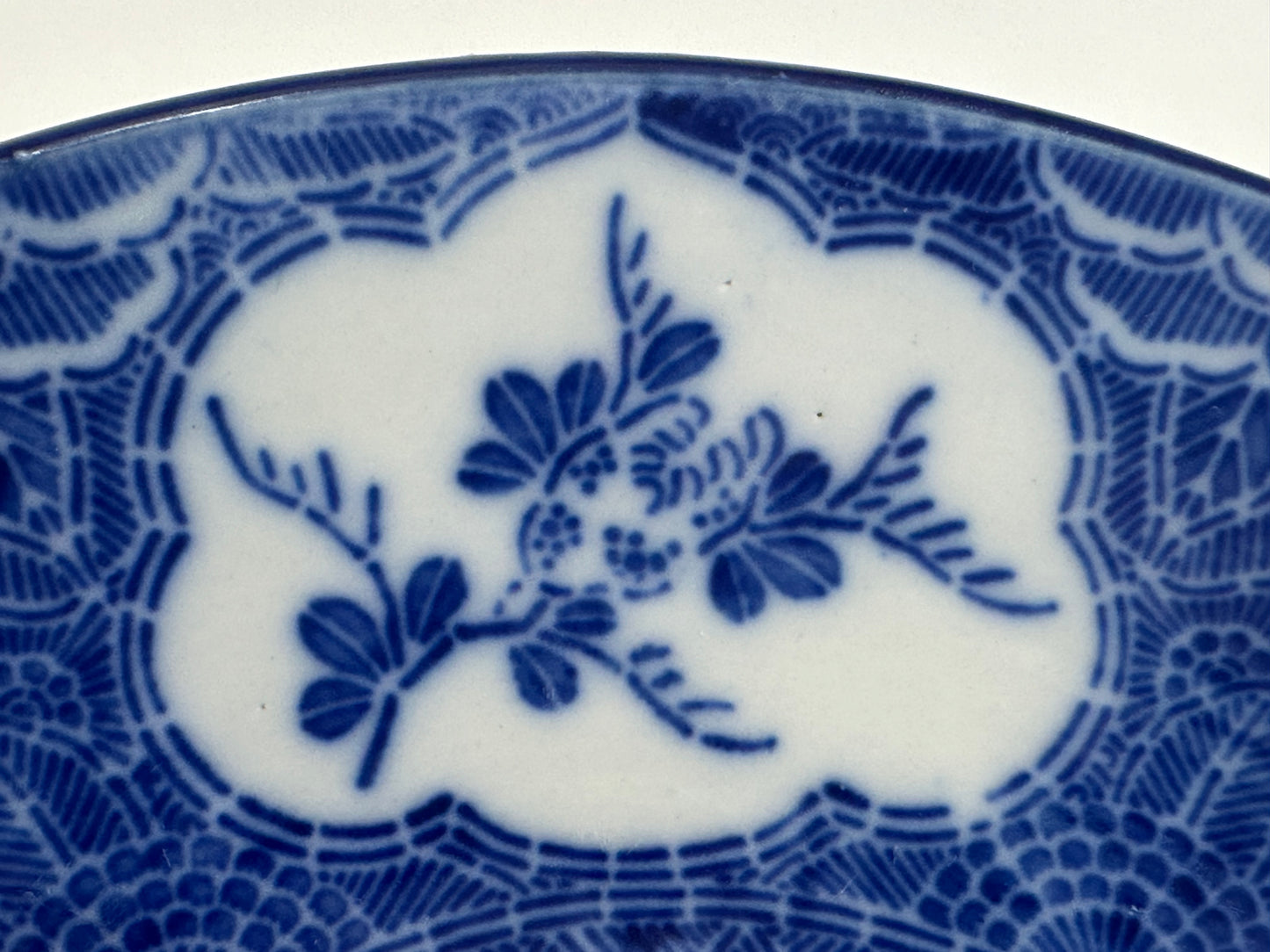 Antique Japanese c1900 Ceramic Blue & White Plate Floral Fan Motif 11"