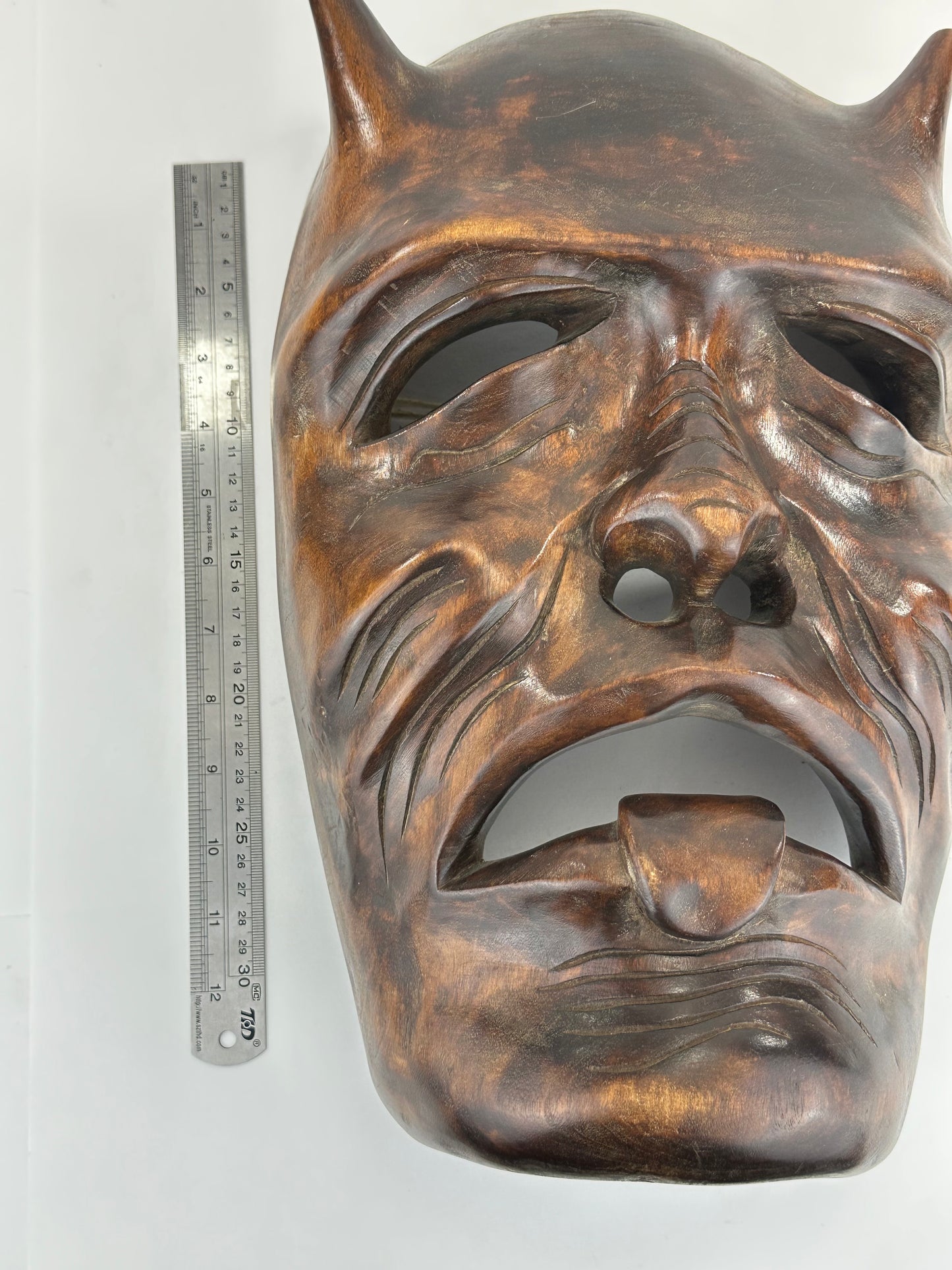 Vintage Japanese c1950's Folk Art Oni Mask Hand Carved Wood Wall Hanging 13"