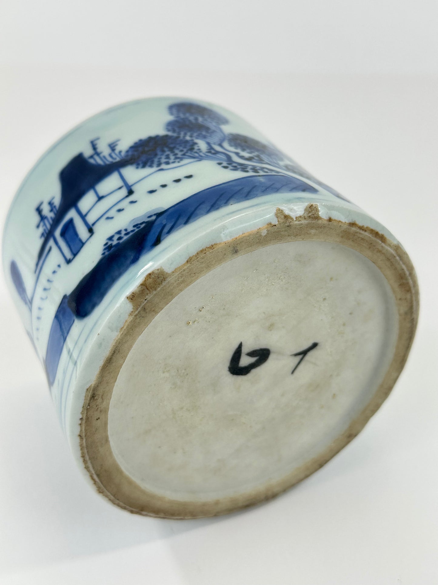 Antique Chinese Qing Period Blue and White Porcelain Brush Pot Landscape Scene 4.5"W