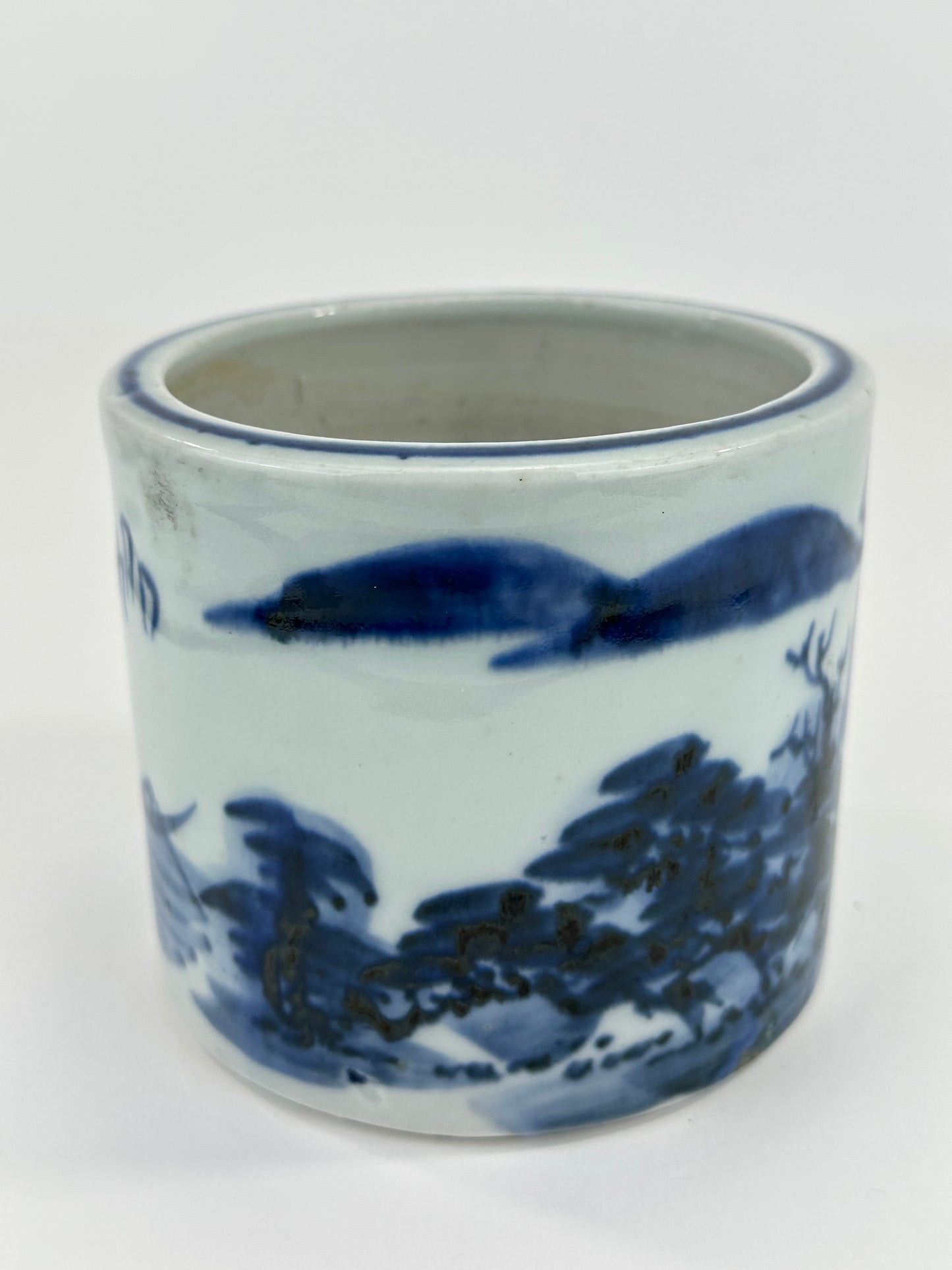 Antique Chinese Qing Period Blue & White Porcelain Brush Pot 4.5"W