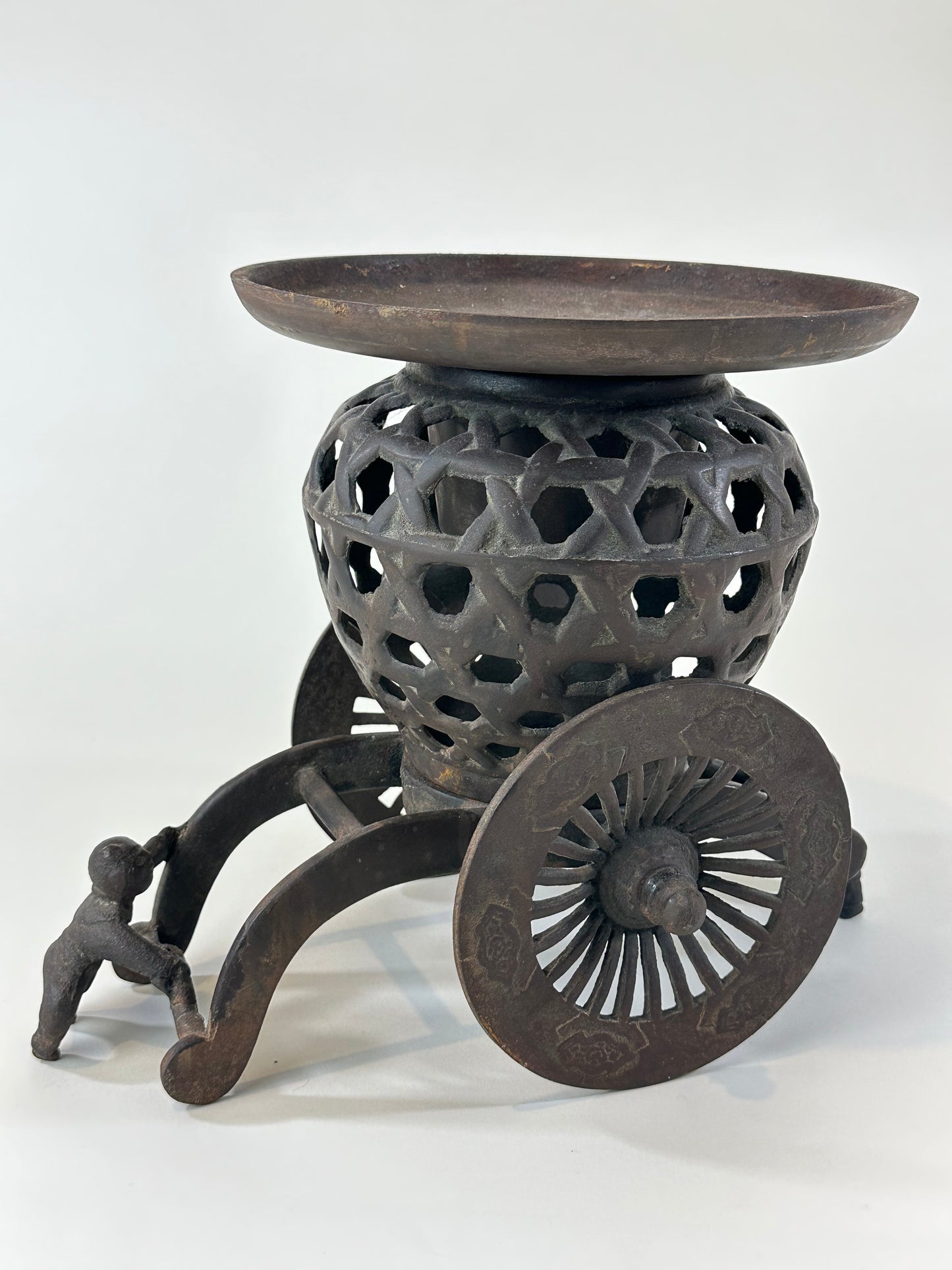 Japanese Usubata Cart Style Bronze Ikebana Flower Vase 12"
