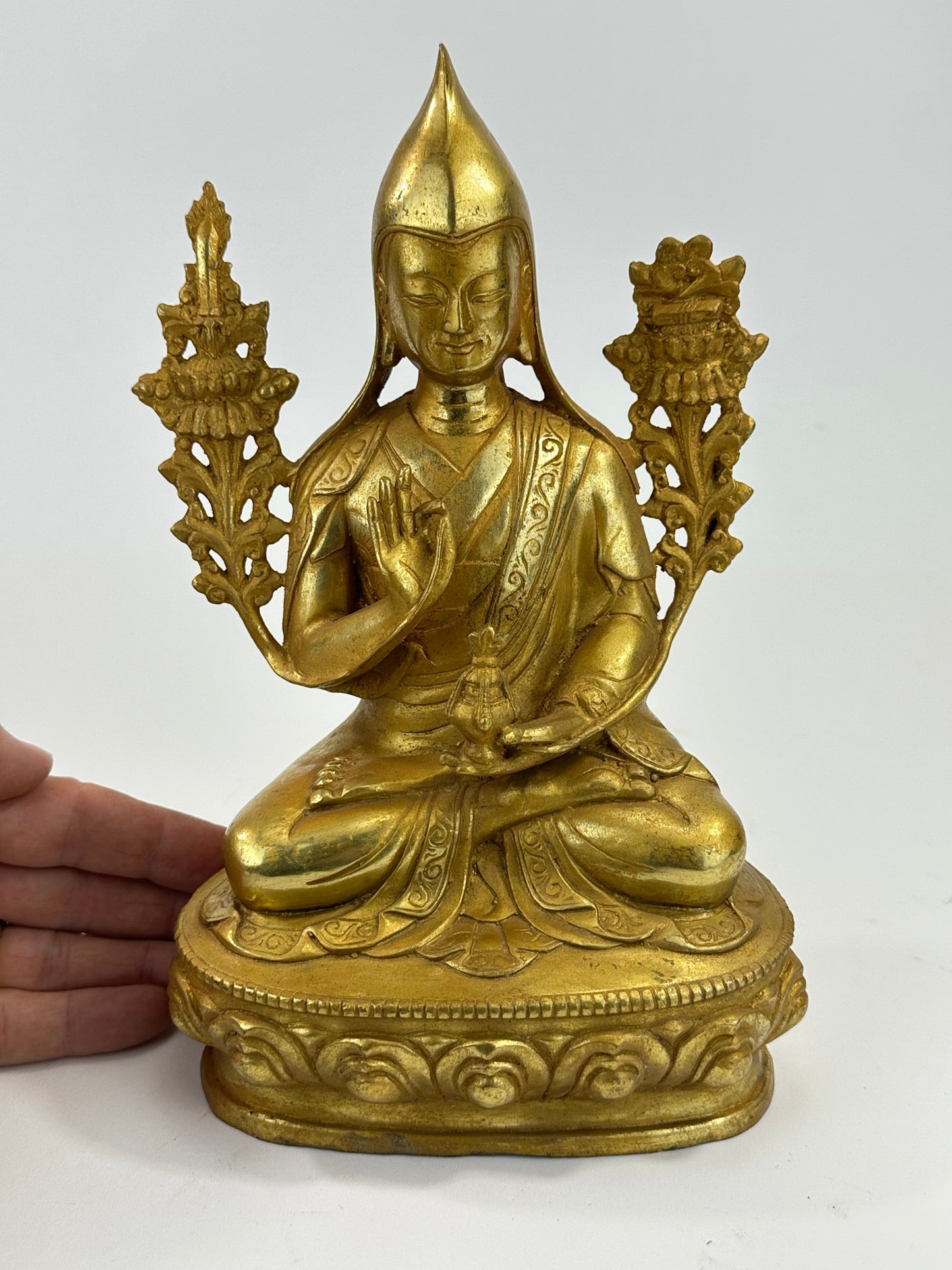 Vintage Tibetan Brass Figure of Tsongkhapa Buddhist Master 9.5"H LS#092