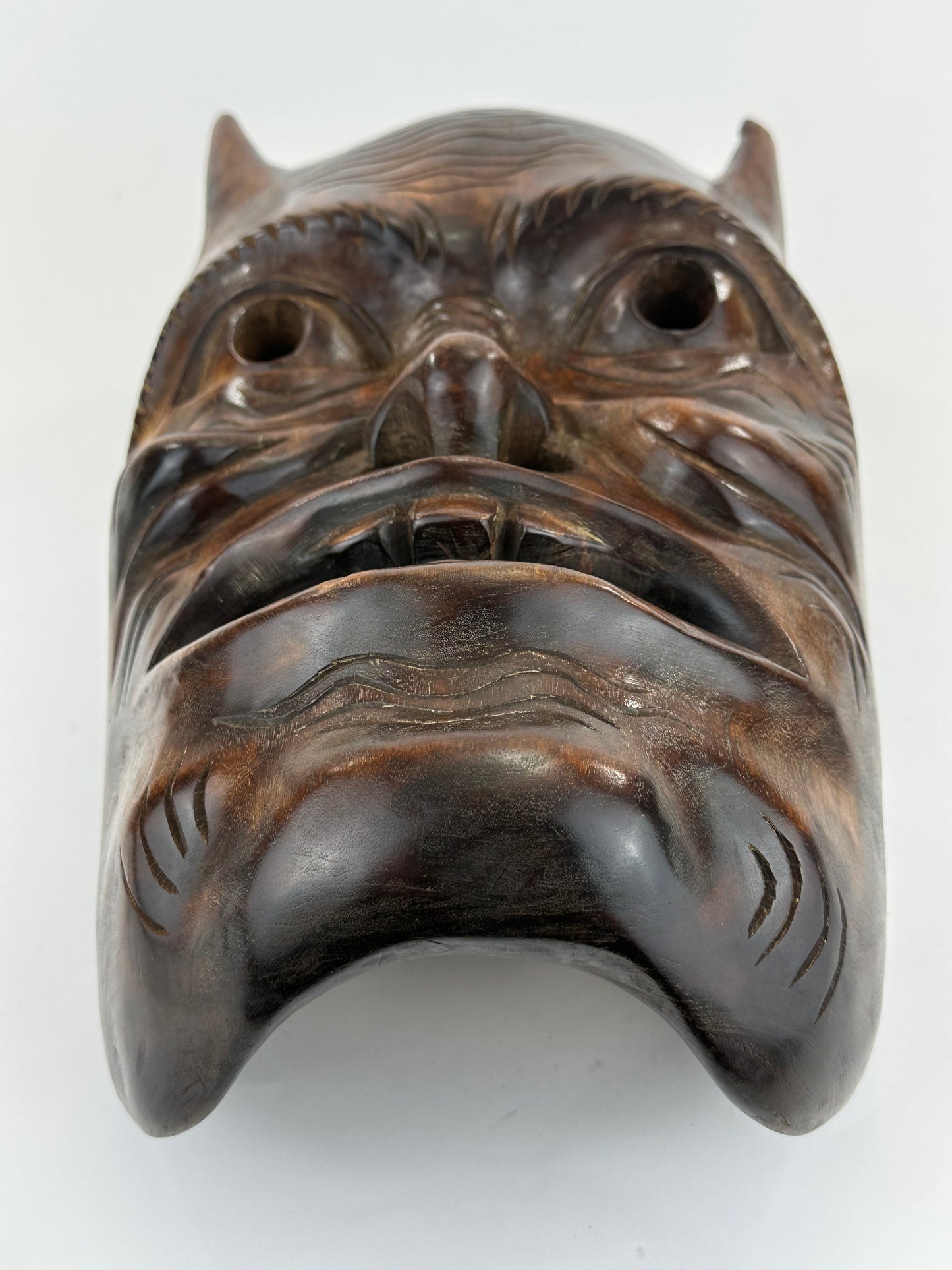 Vintage Japanese c1950's Folk Art Oni Mask Hand Carved Wood Wall Hanging 13"