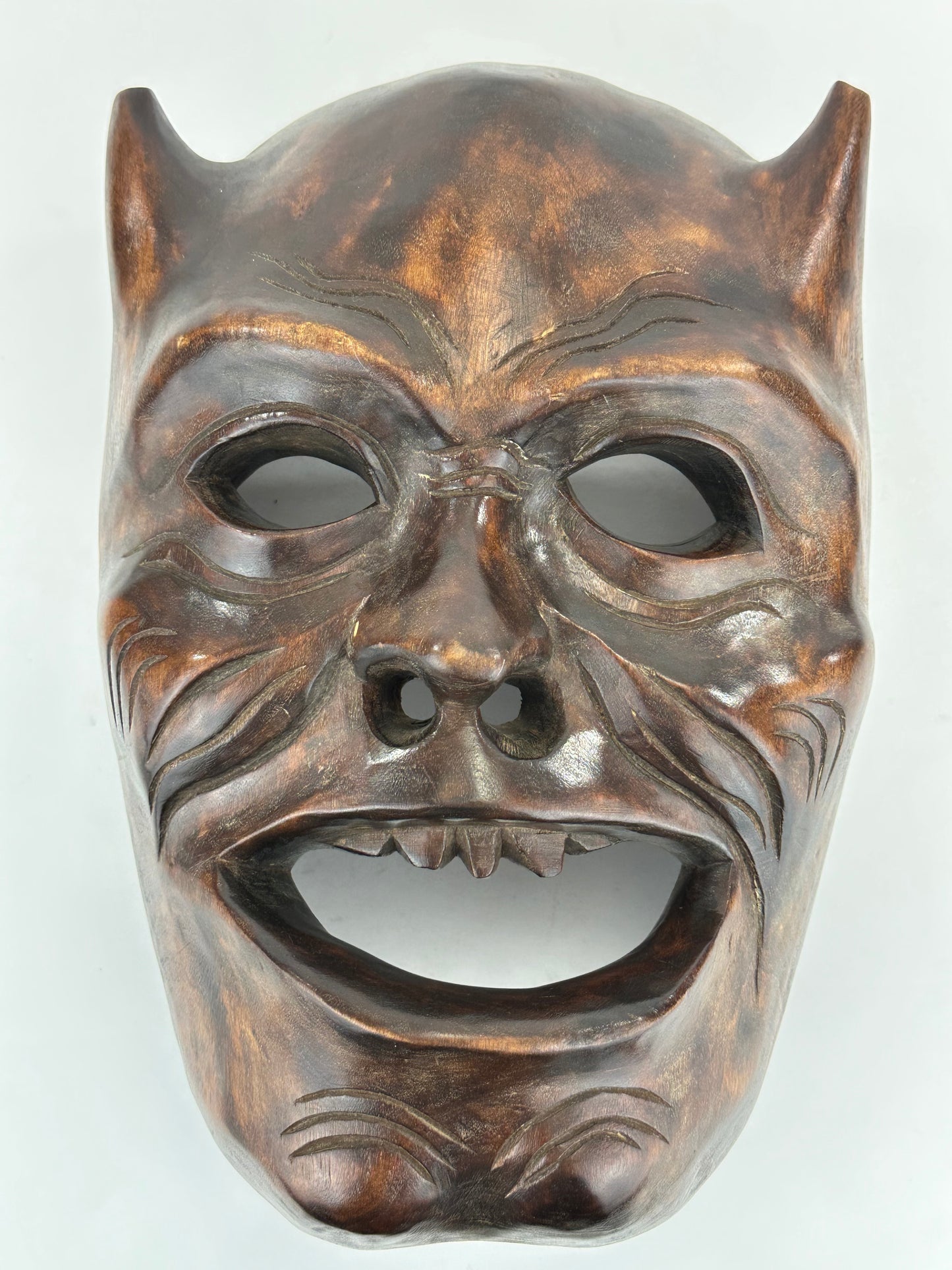 Vintage Japanese c1950's Folk Art Oni Mask Hand Carved Wood Wall Hanging 13"