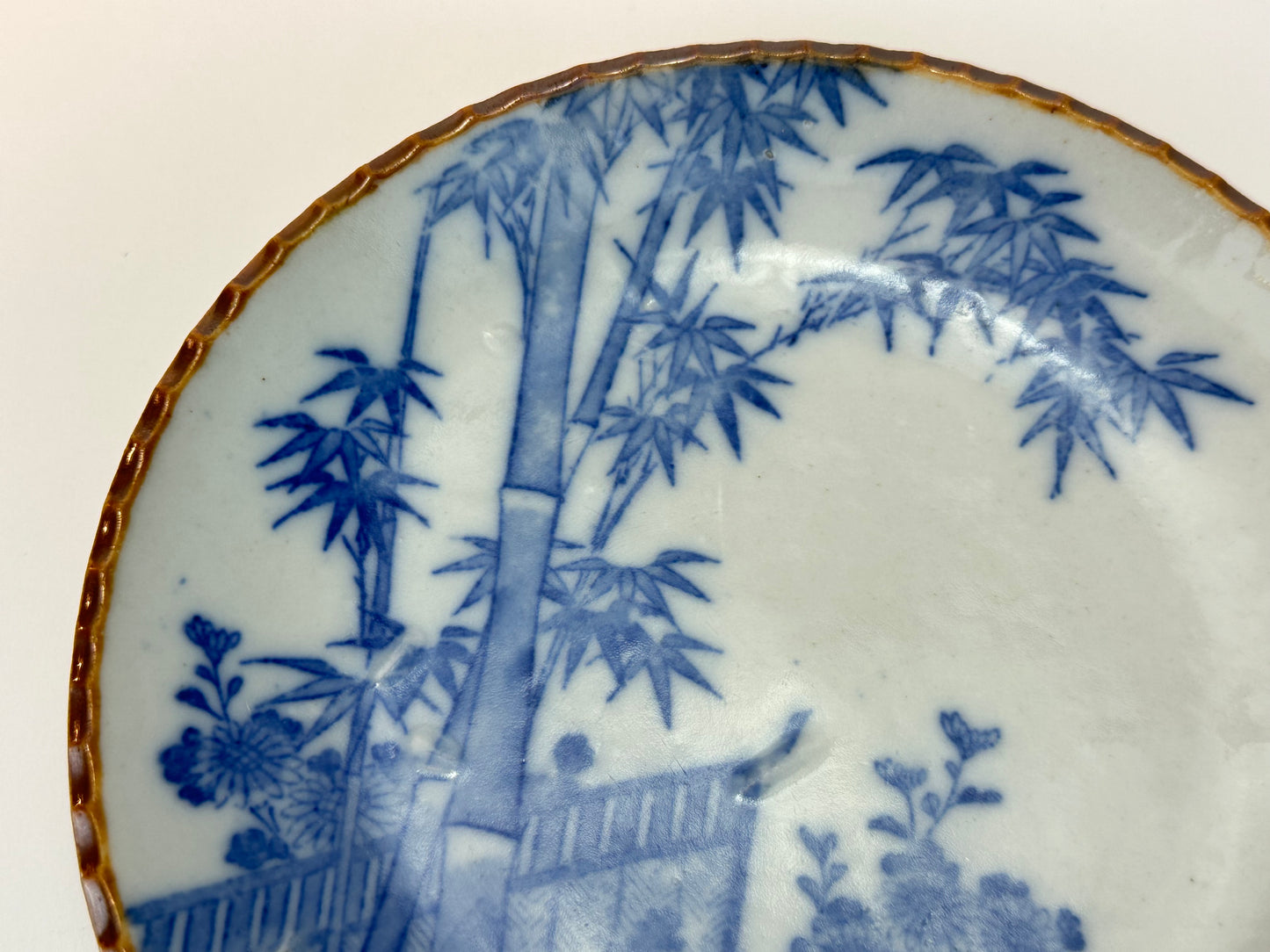 Antique Japanese Imari Blue & White Scalloped Bowl Bamboo Garden Scene 7.25"W