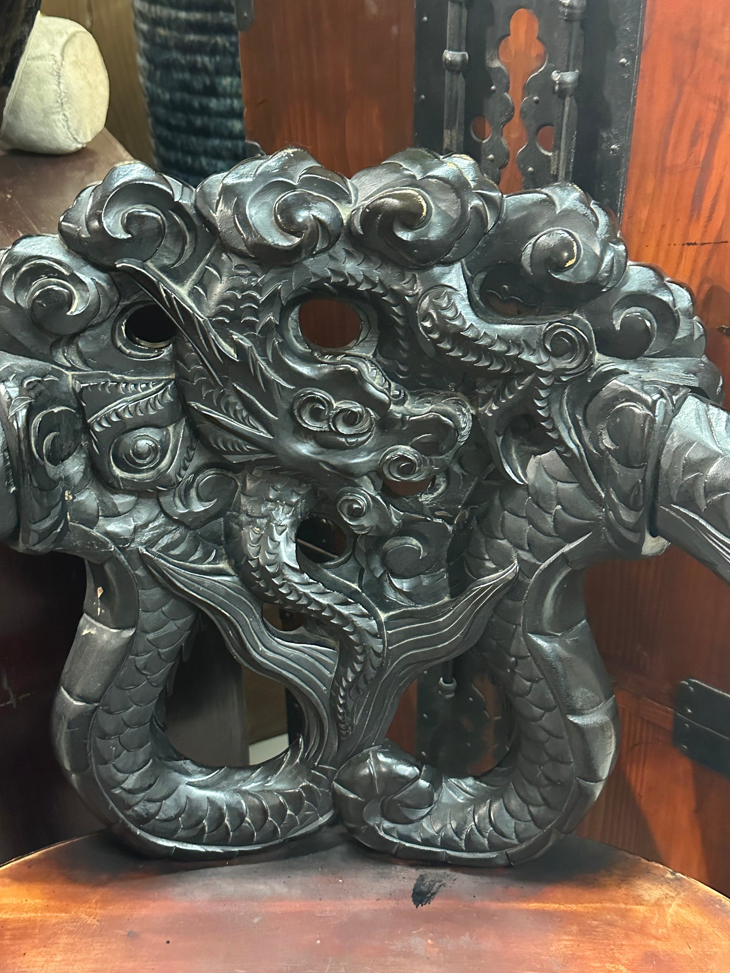 Japanese Dragon-Carved Export Armchair in Sugi Wood Meiji Era, c.1900 18" Seat