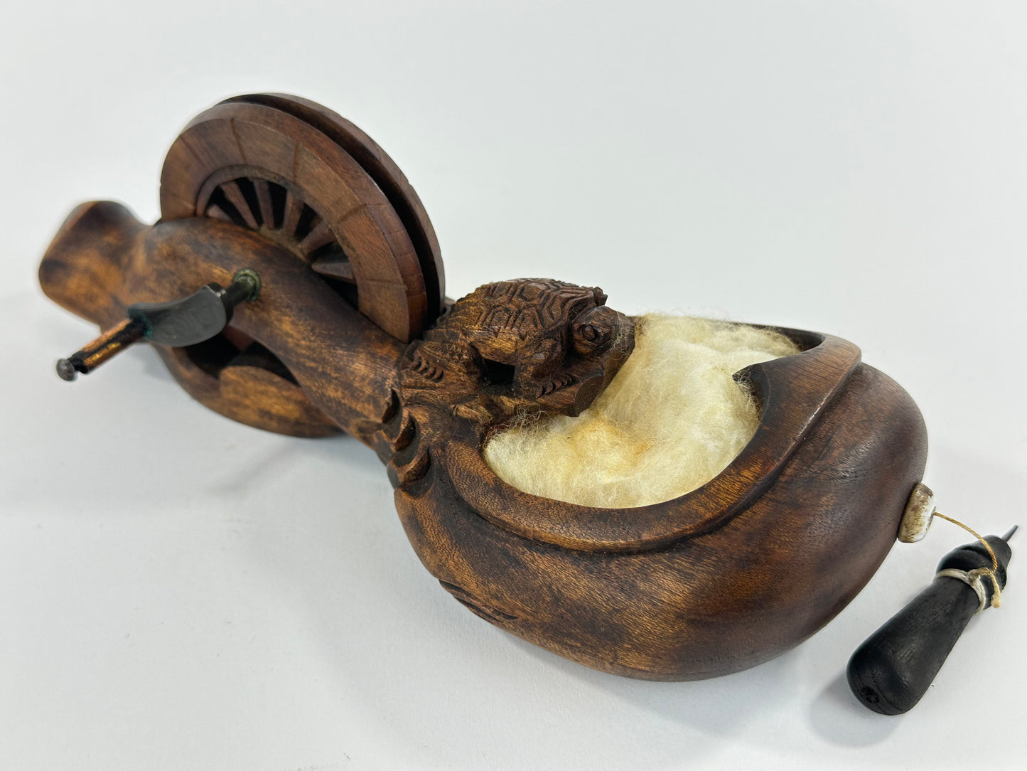 Vintage Japanese Carved Wood Sumitsubo Ink-Line Tool with Turtle Motif 8"